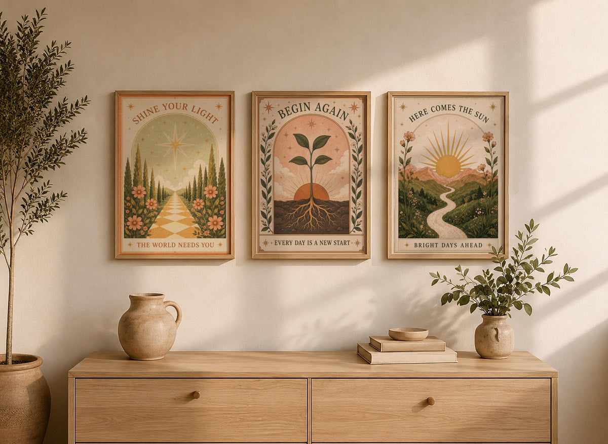 Begin Again Print | Inspirational Folk Art, Botanical Wall Decor, Celestial Illustration, Framed or Unframed