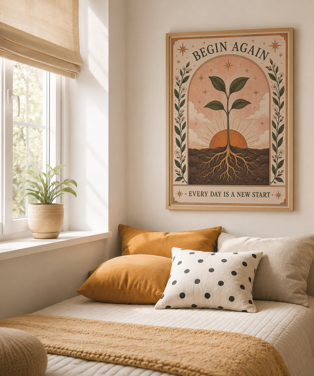 Begin Again Print | Inspirational Folk Art, Botanical Wall Decor, Celestial Illustration, Framed or Unframed
