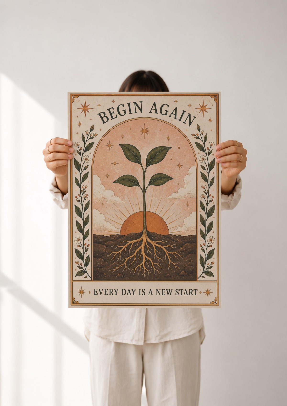 Begin Again Print | Inspirational Folk Art, Botanical Wall Decor, Celestial Illustration, Framed or Unframed