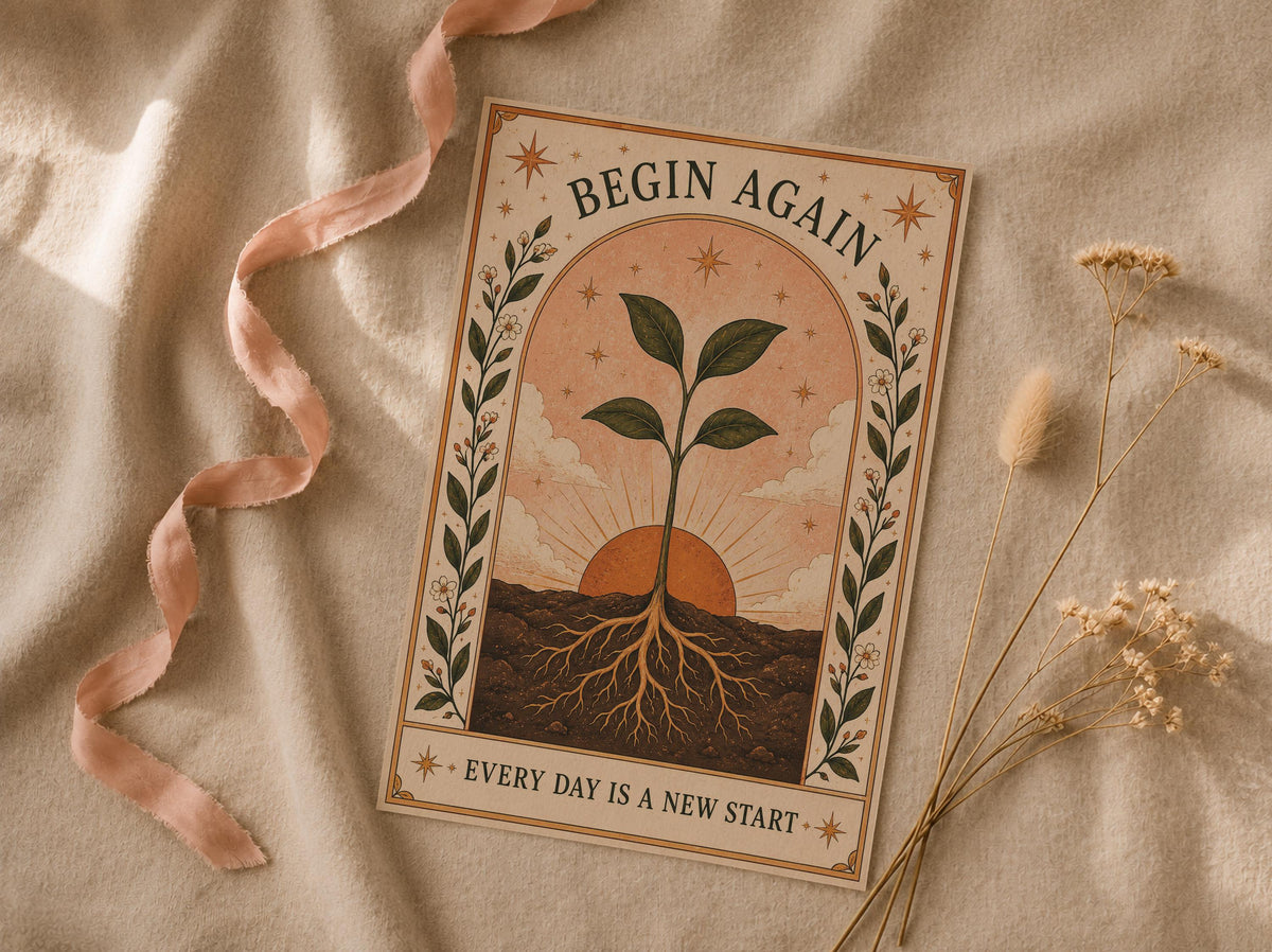 Begin Again Print | Inspirational Folk Art, Botanical Wall Decor, Celestial Illustration, Framed or Unframed
