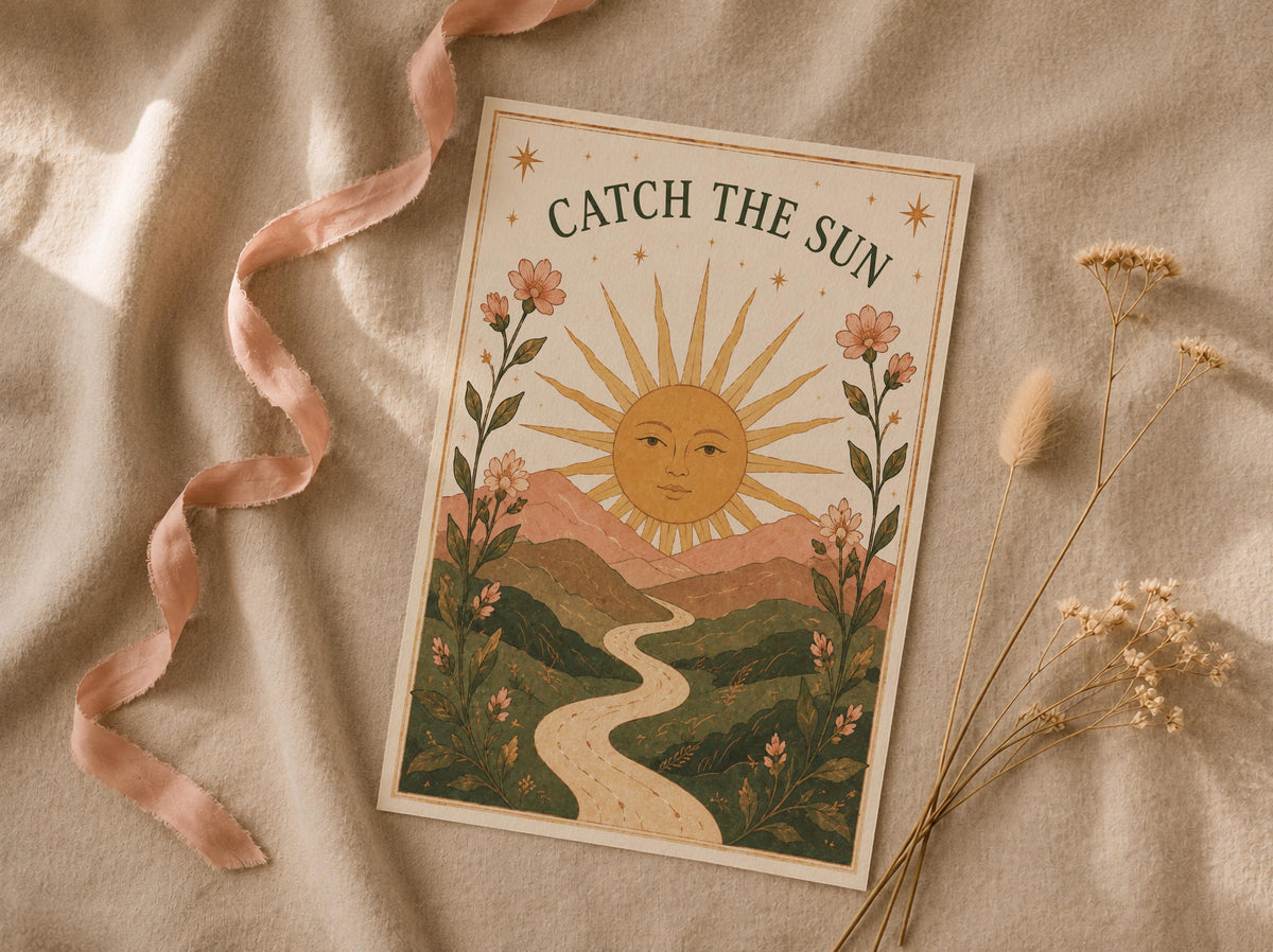 Catch The Sun Print | Inspirational Celestial Nursery Wall Art, Folk Landscape Illustration, Framed or Unframed