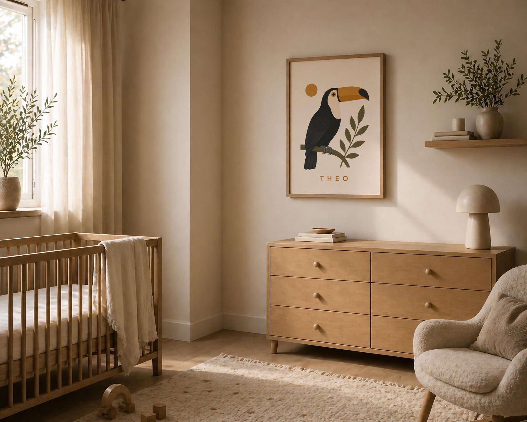 Personalised Toucan Nursery Print, Modern Playroom Tropical Bird Wall Art, Framed or Unframed Poster