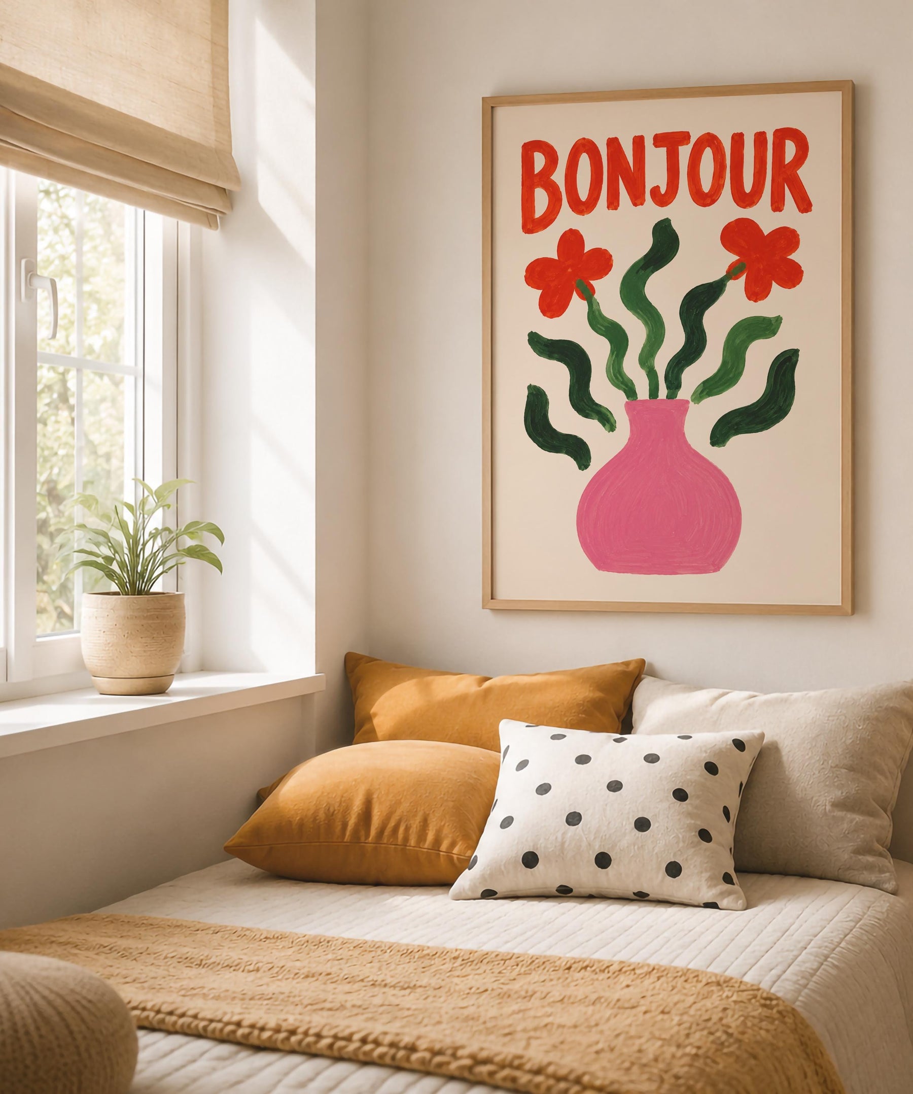 Bonjour Floral Art Print | Hand-Painted Botanical Flower Vase Wall Art | Framed or Unframed