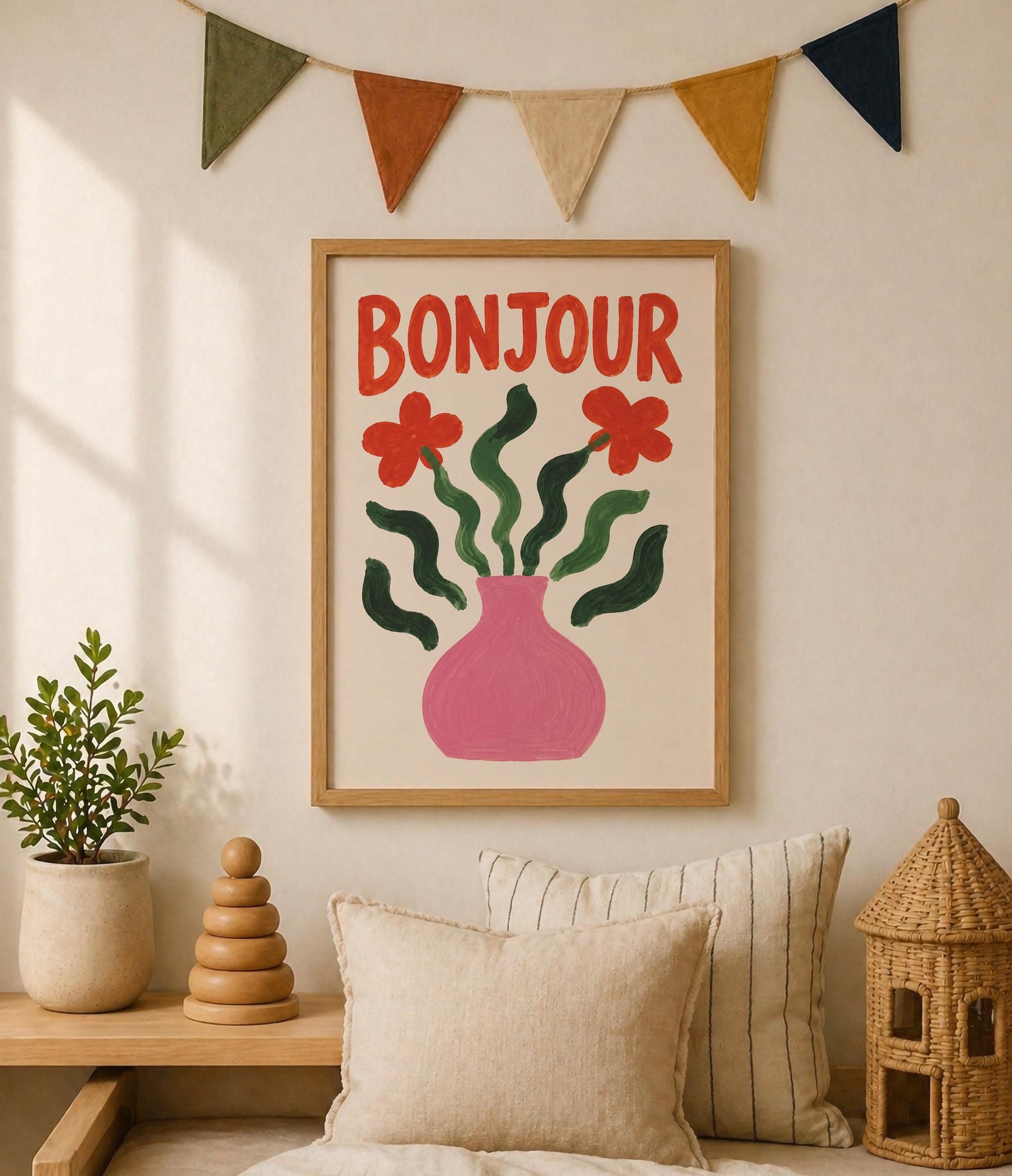 Bonjour Floral Art Print | Hand-Painted Botanical Flower Vase Wall Art | Framed or Unframed