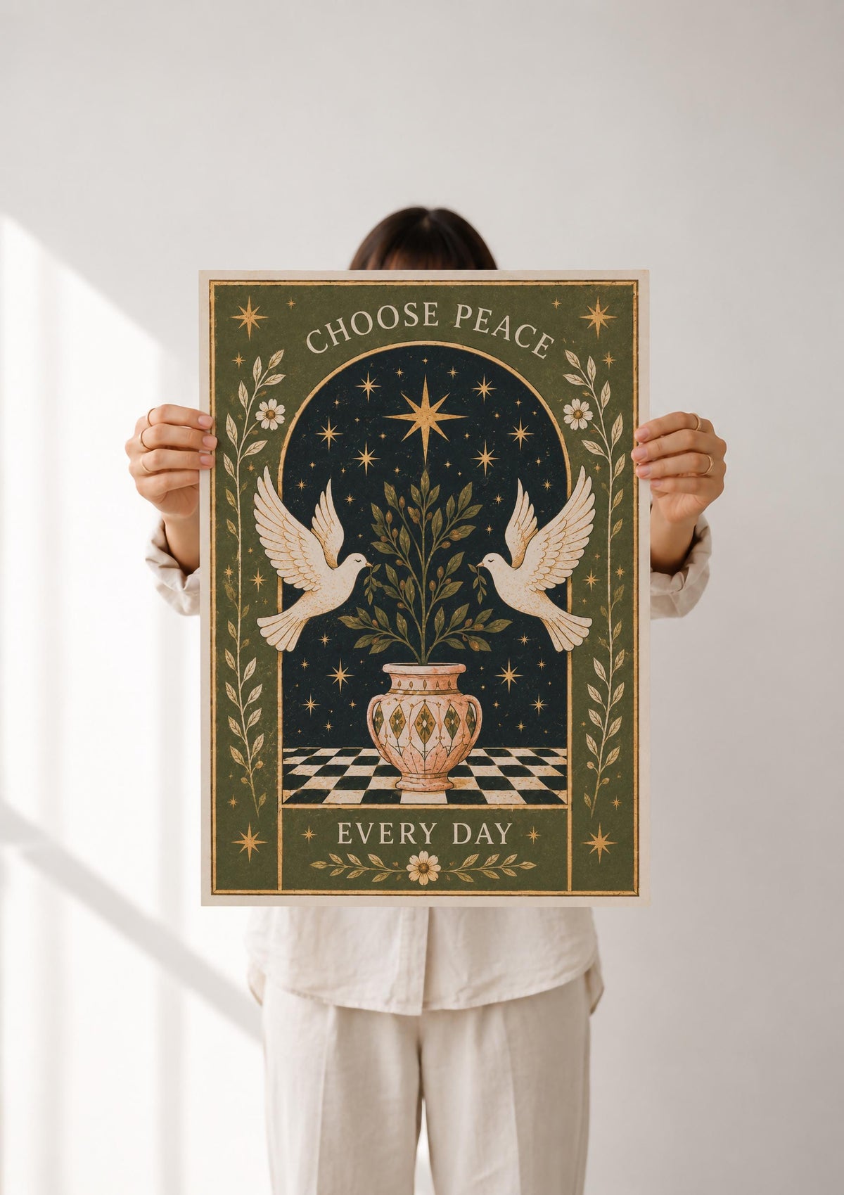 Choose Peace Print | Inspirational Celestial Wall Art, Folk Dove Illustration, Framed or Unframed