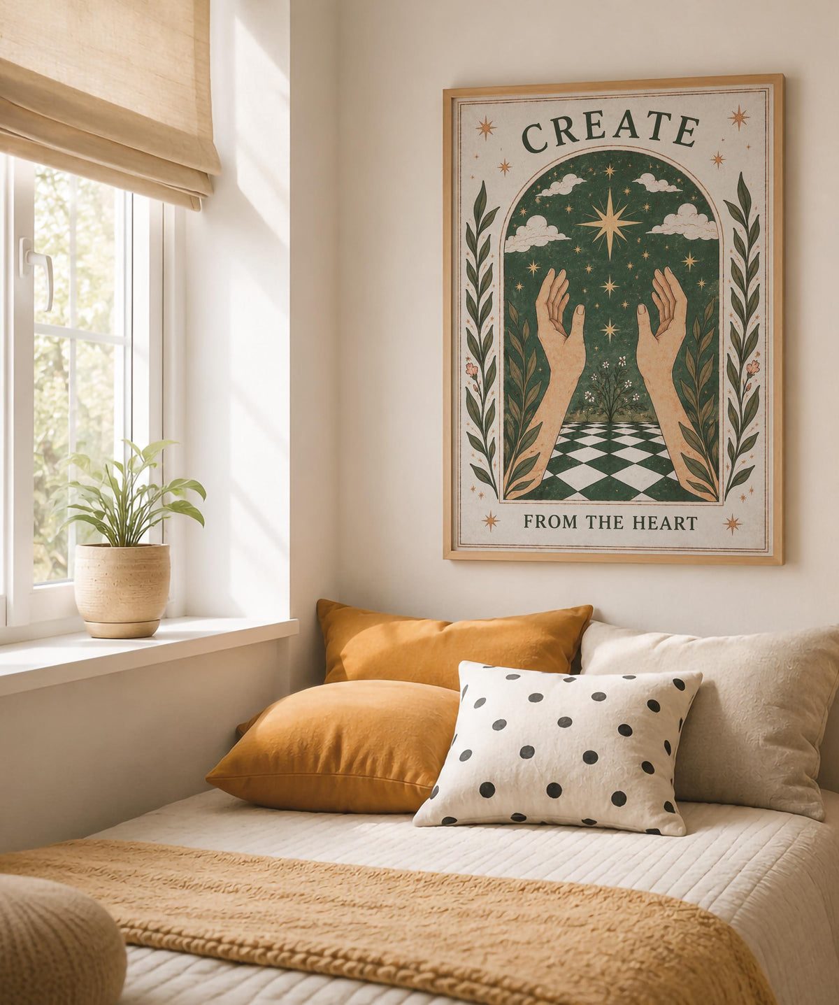 Create From The Heart Print | Inspirational Celestial Wall Art, Folk Hands Illustration, Framed or Unframed