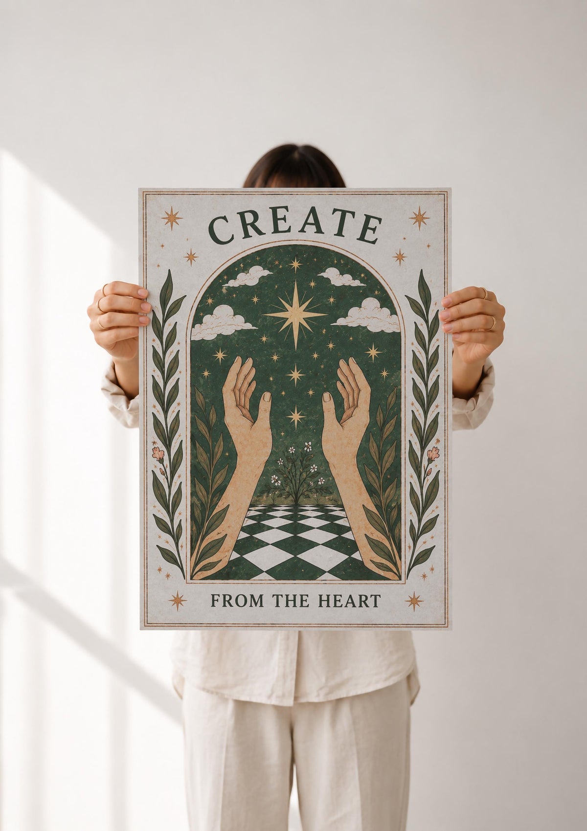 Create From The Heart Print | Inspirational Celestial Wall Art, Folk Hands Illustration, Framed or Unframed