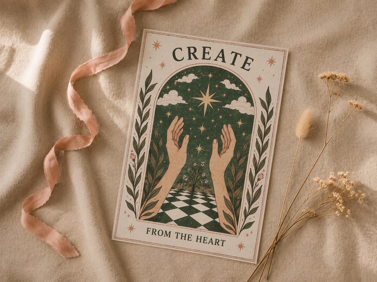 Create From The Heart Print | Inspirational Celestial Wall Art, Folk Hands Illustration, Framed or Unframed