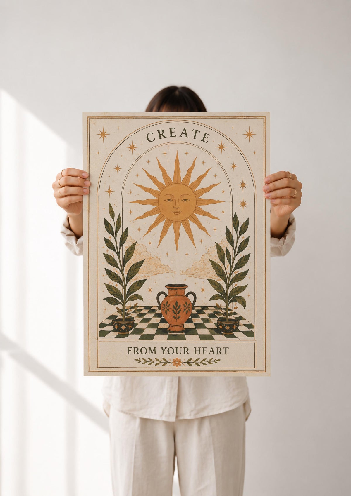 Create From The Heart Print | Inspirational Celestial Wall Art, Folk Sun Illustration, Framed or Unframed
