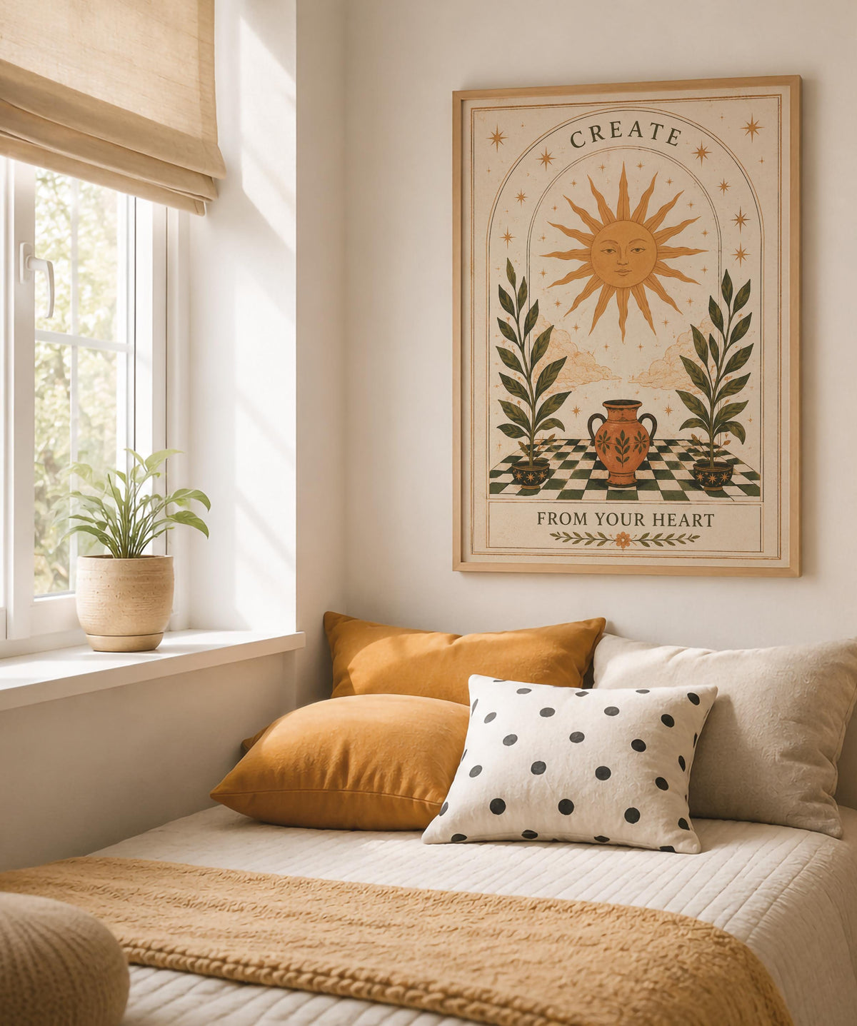 Create From The Heart Print | Inspirational Celestial Wall Art, Folk Sun Illustration, Framed or Unframed