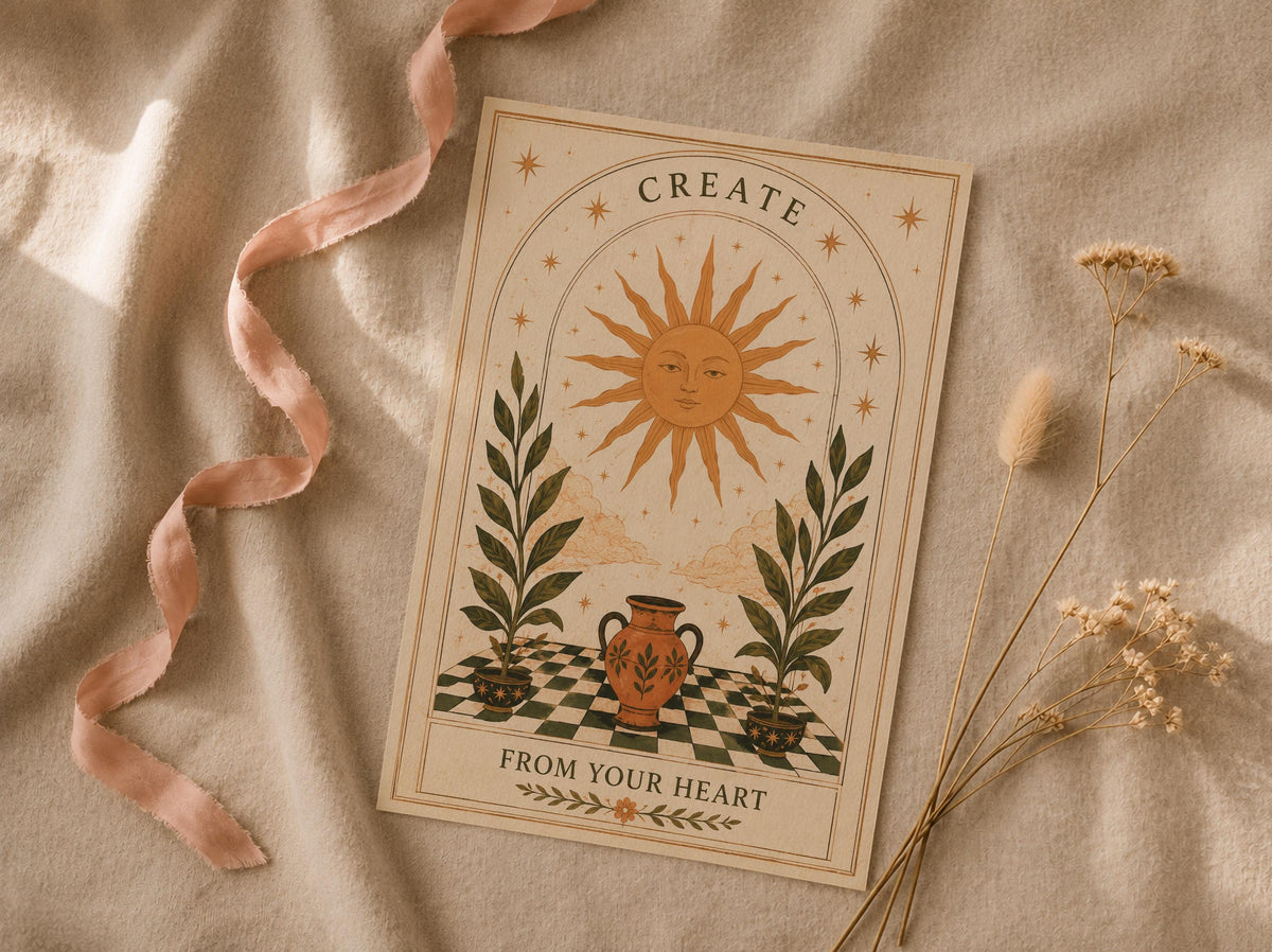 Create From The Heart Print | Inspirational Celestial Wall Art, Folk Sun Illustration, Framed or Unframed