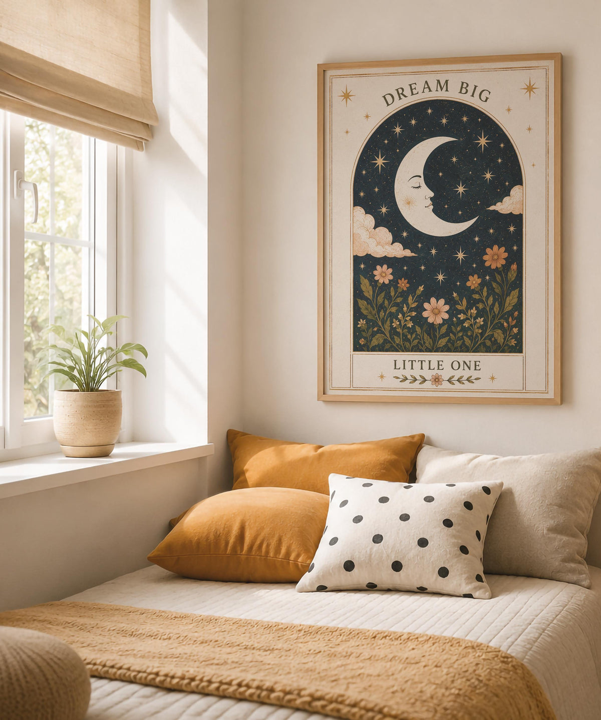 Celestial Moon Nursery Print | Folk Art Illustration Kids Room Wall Decor | Framed or Unframed