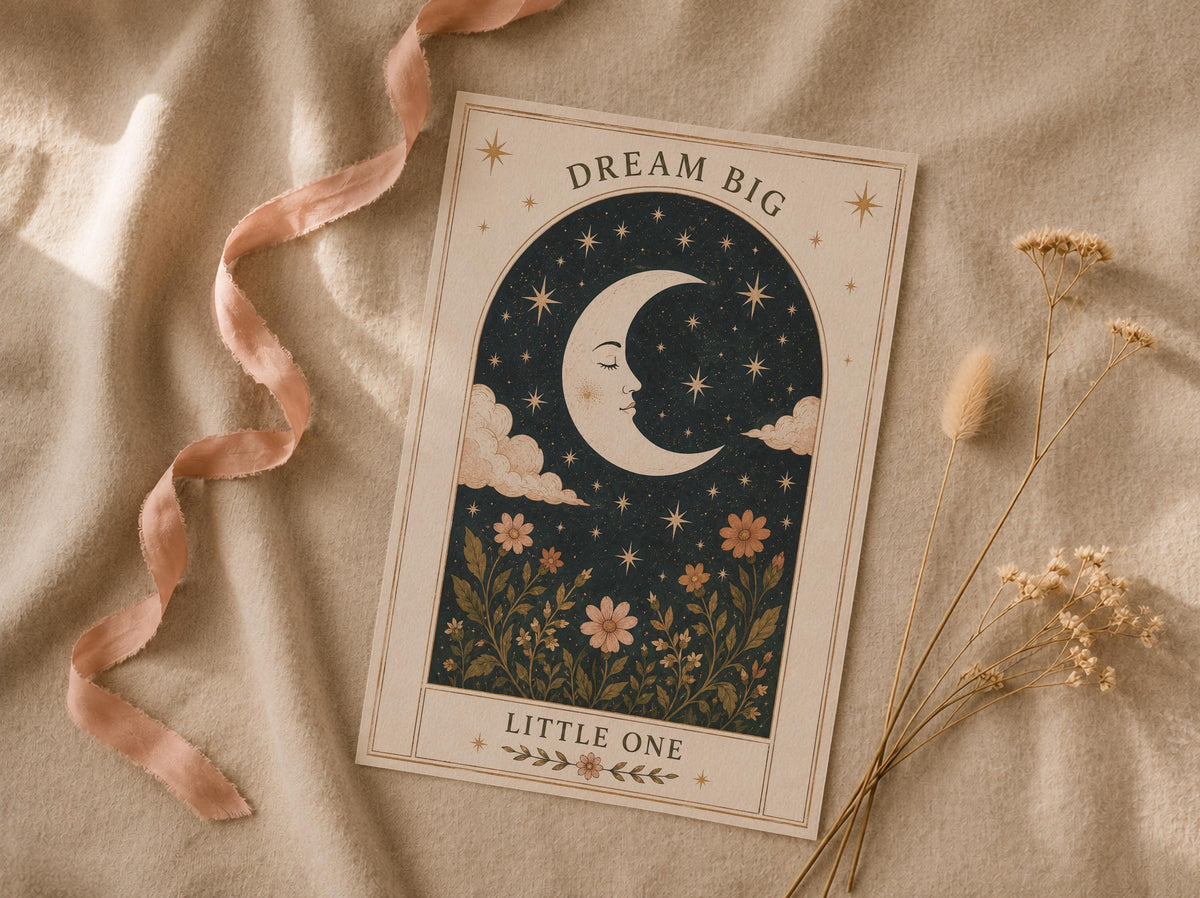 Celestial Moon Nursery Print | Folk Art Illustration Kids Room Wall Decor | Framed or Unframed