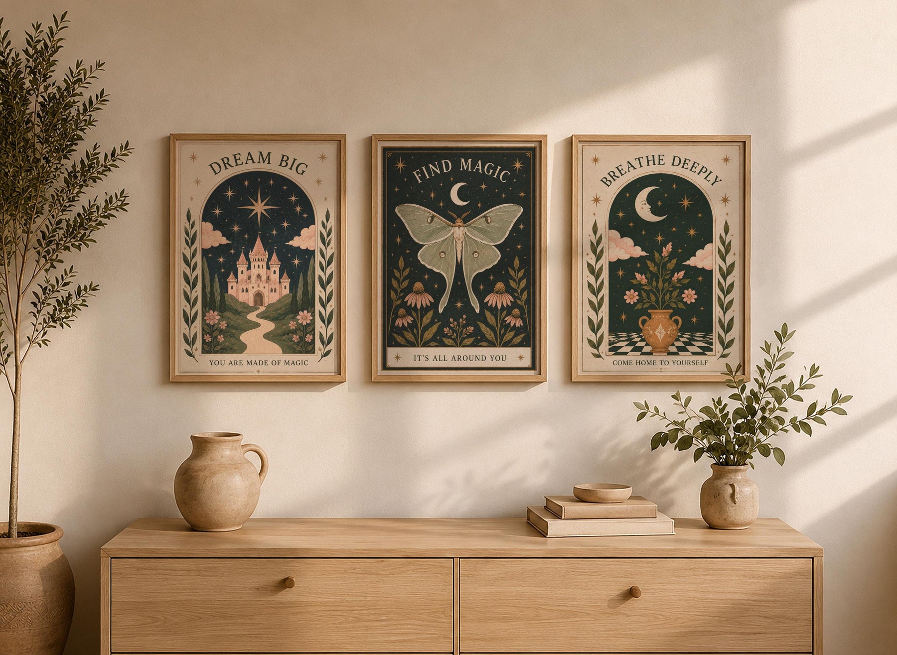 Dream Big Celestial Pink Castle Illustrated Print | Fairytale Wall Art | Framed or Unframed