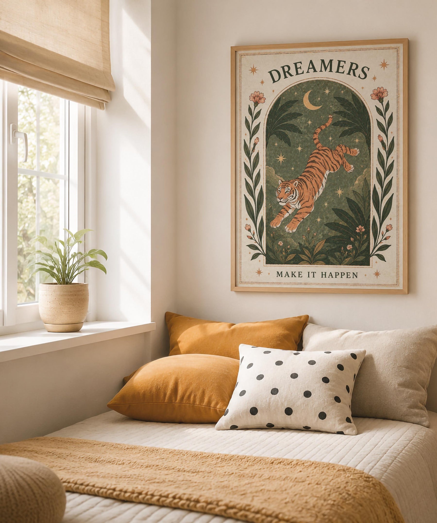 Tiger Illustrated Print | Inspirational Dreamer Folk Art Animal Wall Art | Framed or Unframed