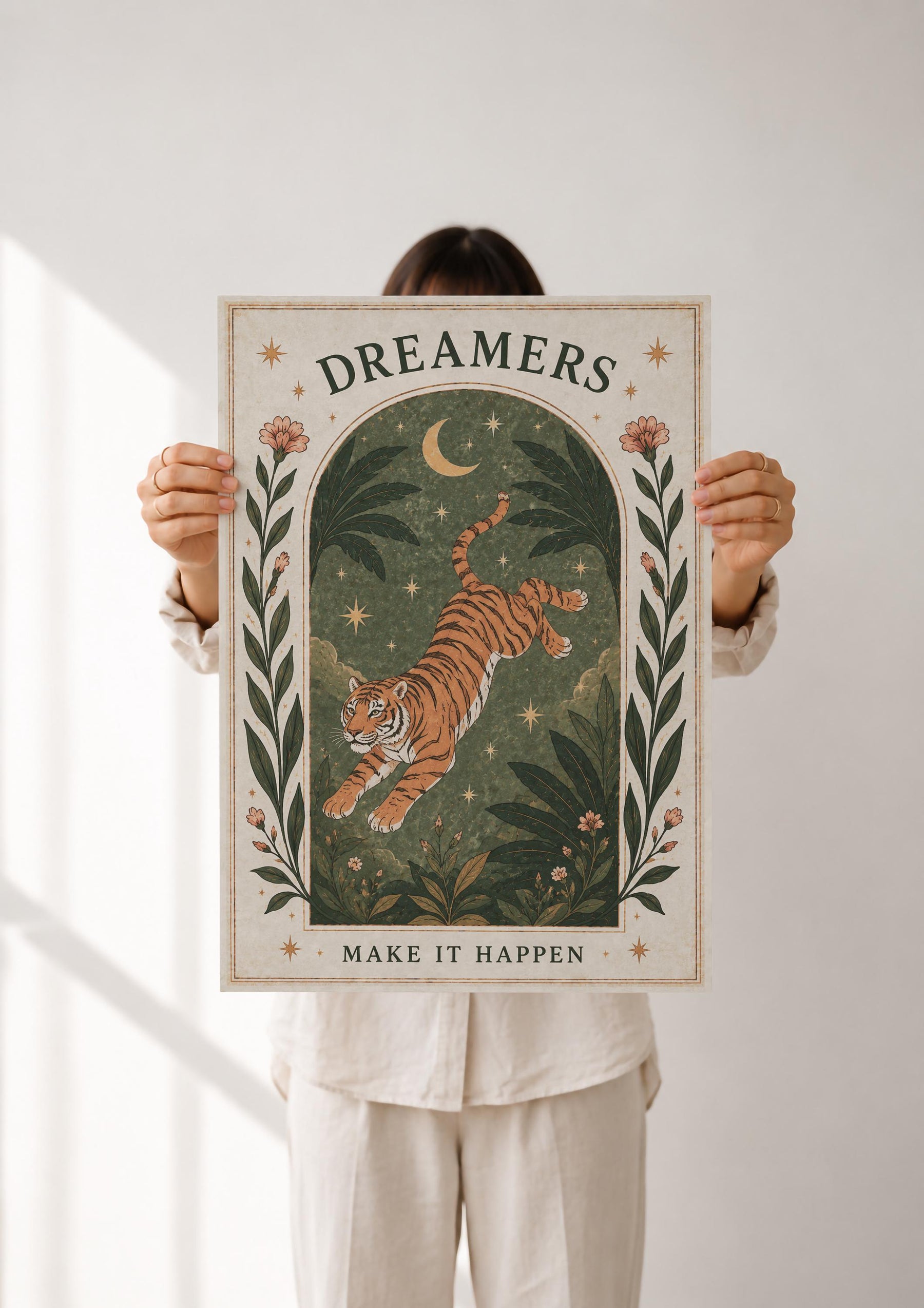 Tiger Illustrated Print | Inspirational Dreamer Folk Art Animal Wall Art | Framed or Unframed