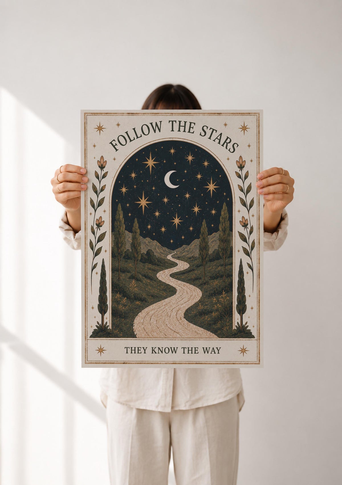 Follow The Stars Print | Celestial Moon Nursery Wall Art, Folk Landscape Illustration, Framed or Unframed