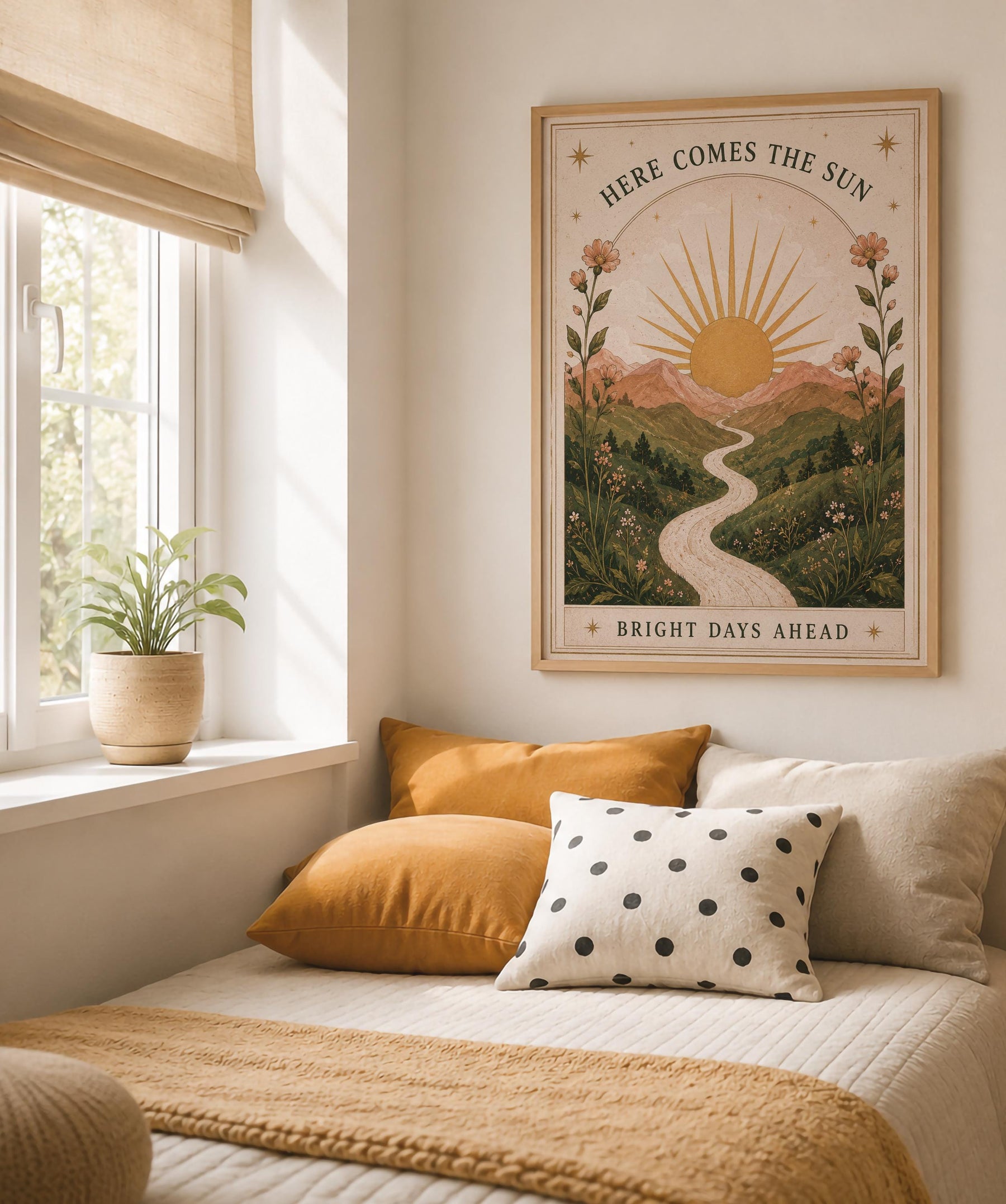 Here Comes the Sun Print | Inspirational Nursery Wall Art, Celestial Folk Art, Framed or Unframed