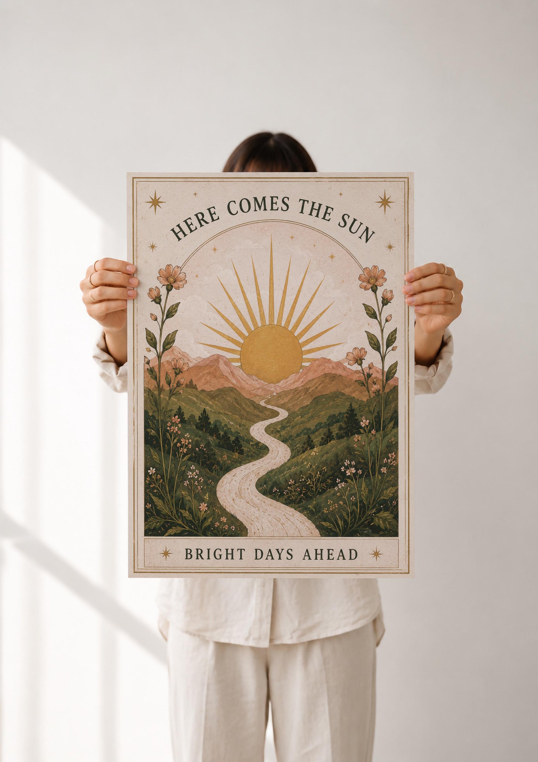 Here Comes the Sun Print | Inspirational Nursery Wall Art, Celestial Folk Art, Framed or Unframed