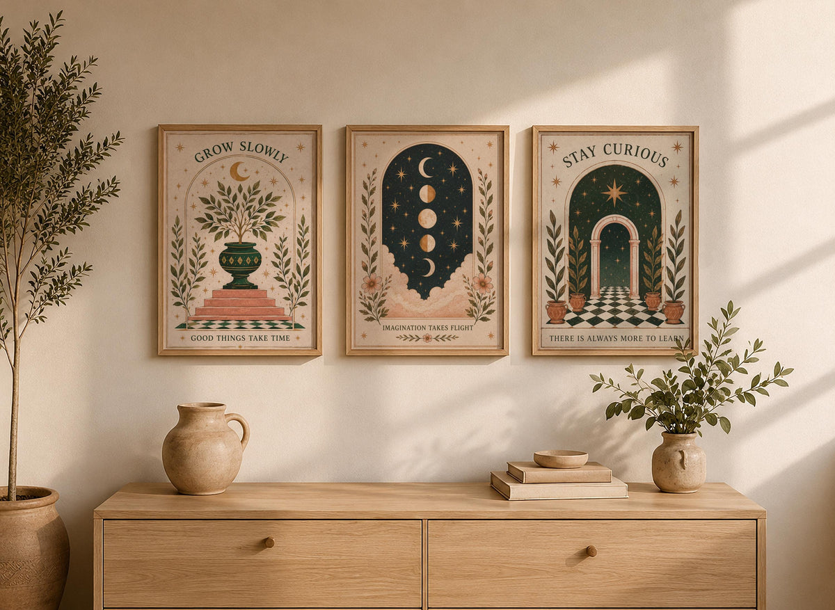 Celestial Moon Phases Print | Inspirational Folk Art Illustration | Framed or Unframed