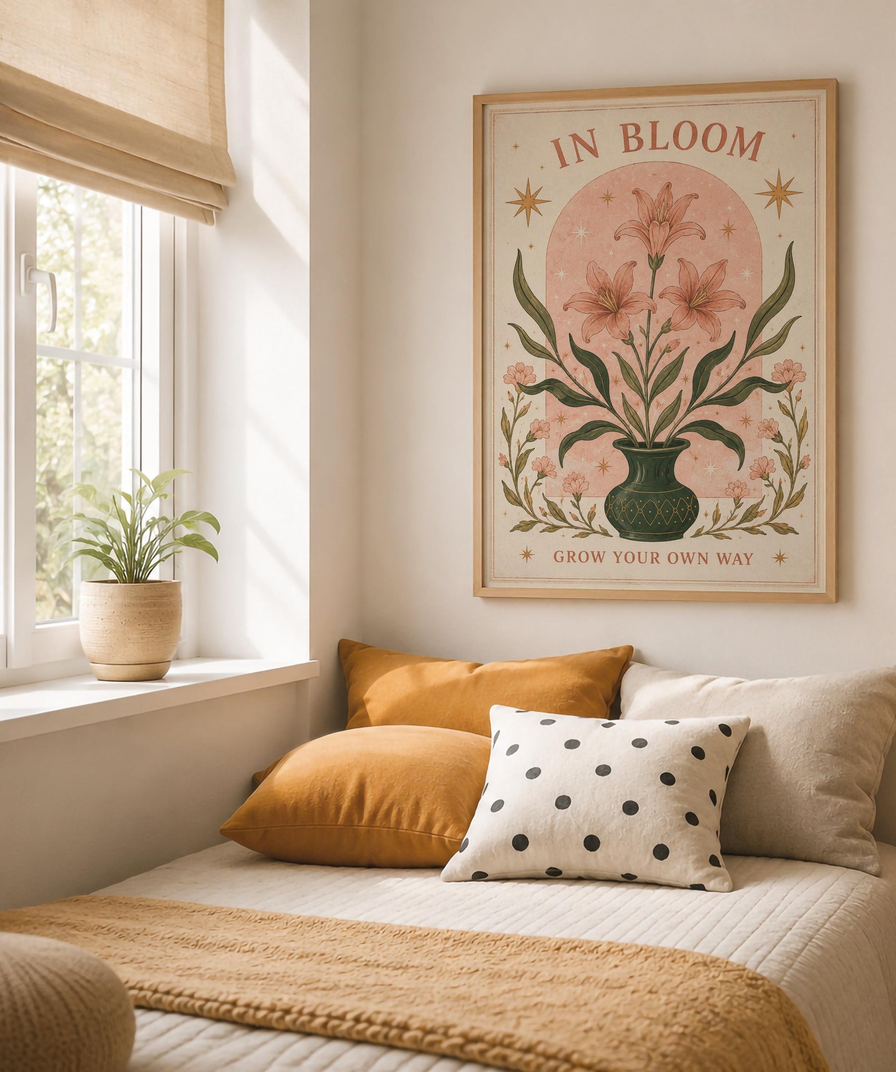 In Bloom Print | Inspirational Floral Nursery Wall Art, Celestial Folk Art, Framed or Unframed