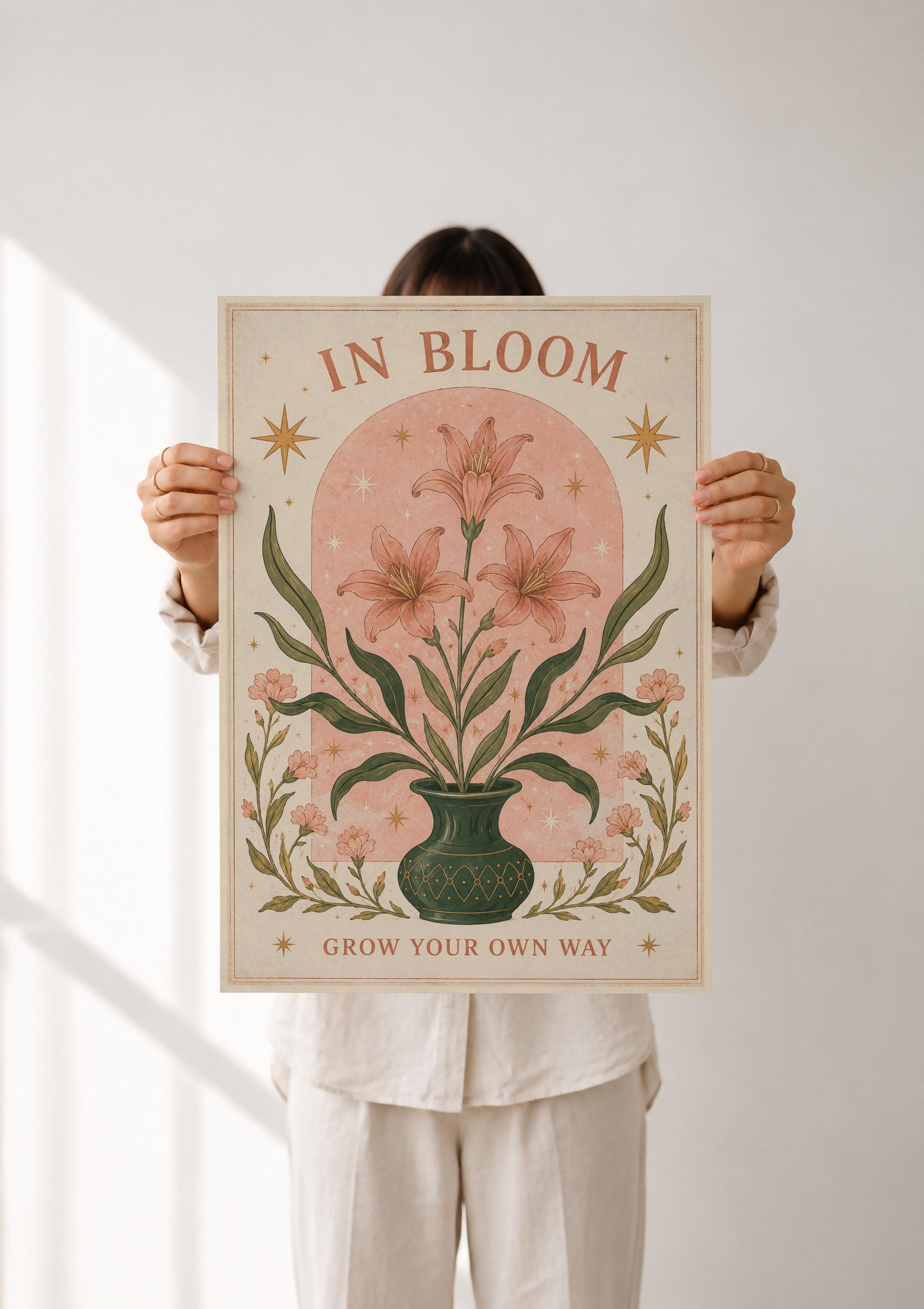 In Bloom Print | Inspirational Floral Nursery Wall Art, Celestial Folk Art, Framed or Unframed