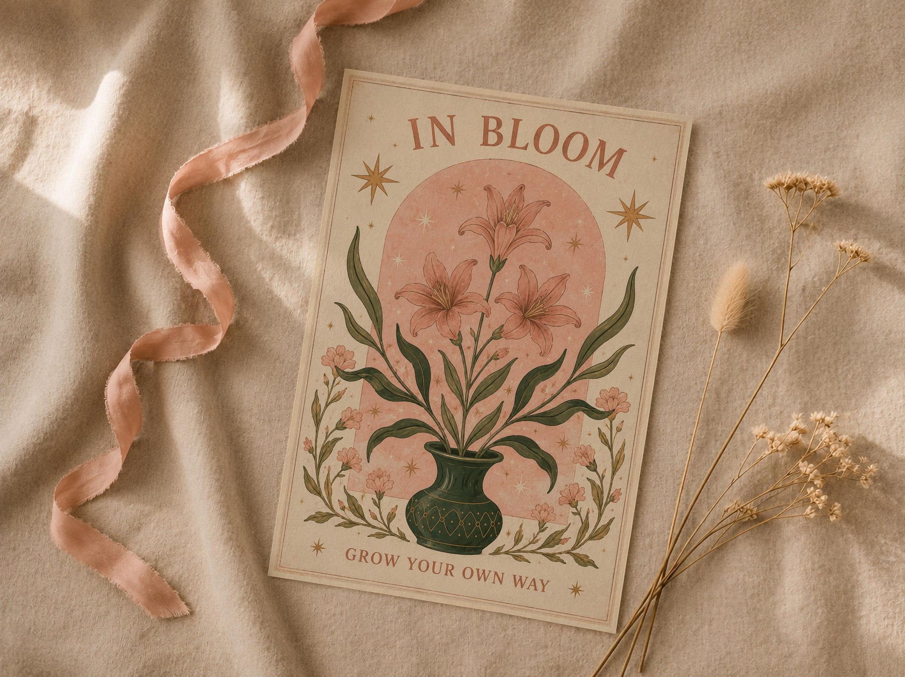 In Bloom Print | Inspirational Floral Nursery Wall Art, Celestial Folk Art, Framed or Unframed