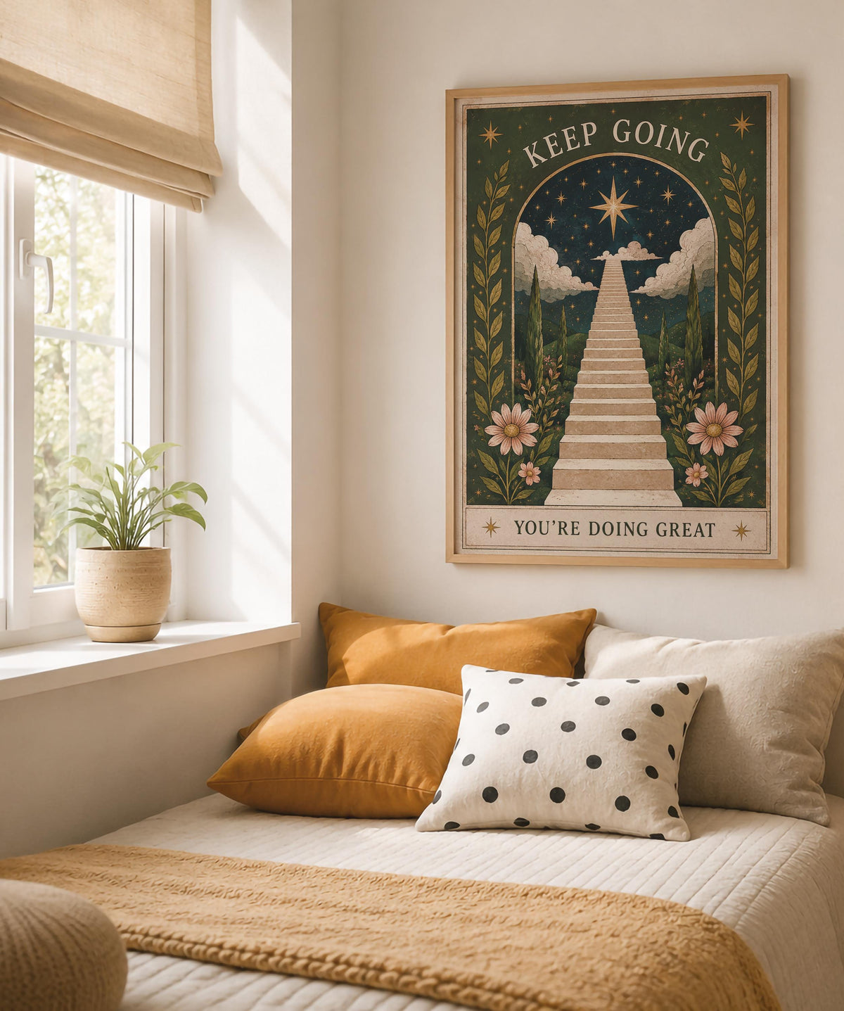 Keep Going Print | Inspirational Folk Art Wall Decor, Celestial Illustration, Framed or Unframed