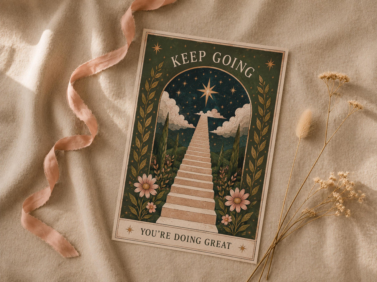 Keep Going Print | Inspirational Folk Art Wall Decor, Celestial Illustration, Framed or Unframed