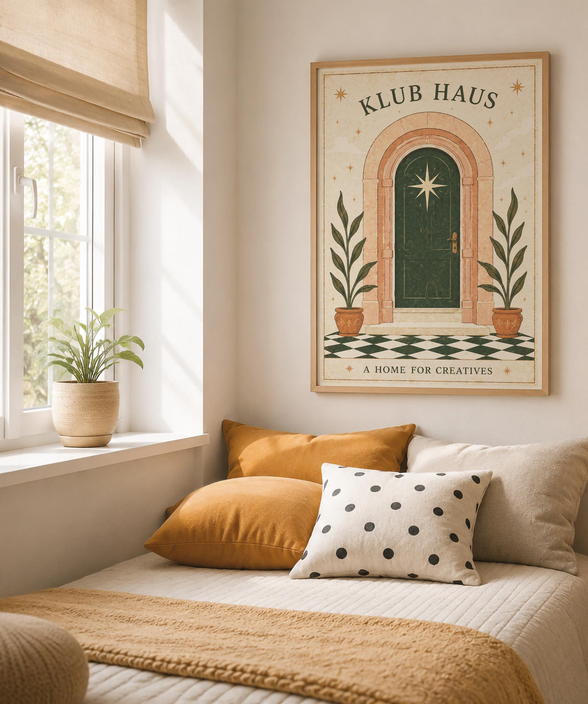 Klub Haus Print | Mediterranean Folk Art Illustration, Archway Star Door Decor | Framed or Unframed