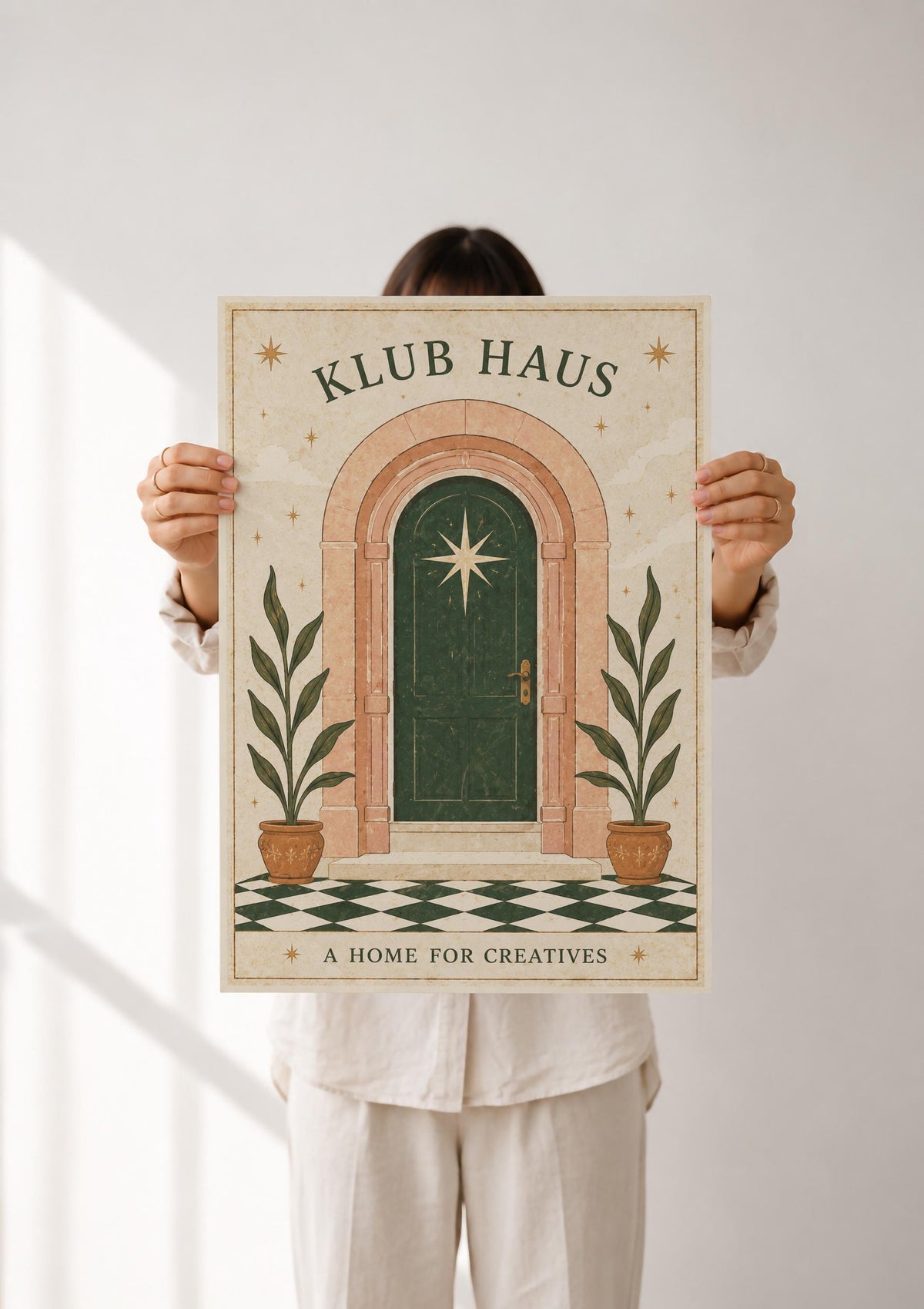 Klub Haus Print | Mediterranean Folk Art Illustration, Archway Star Door Decor | Framed or Unframed