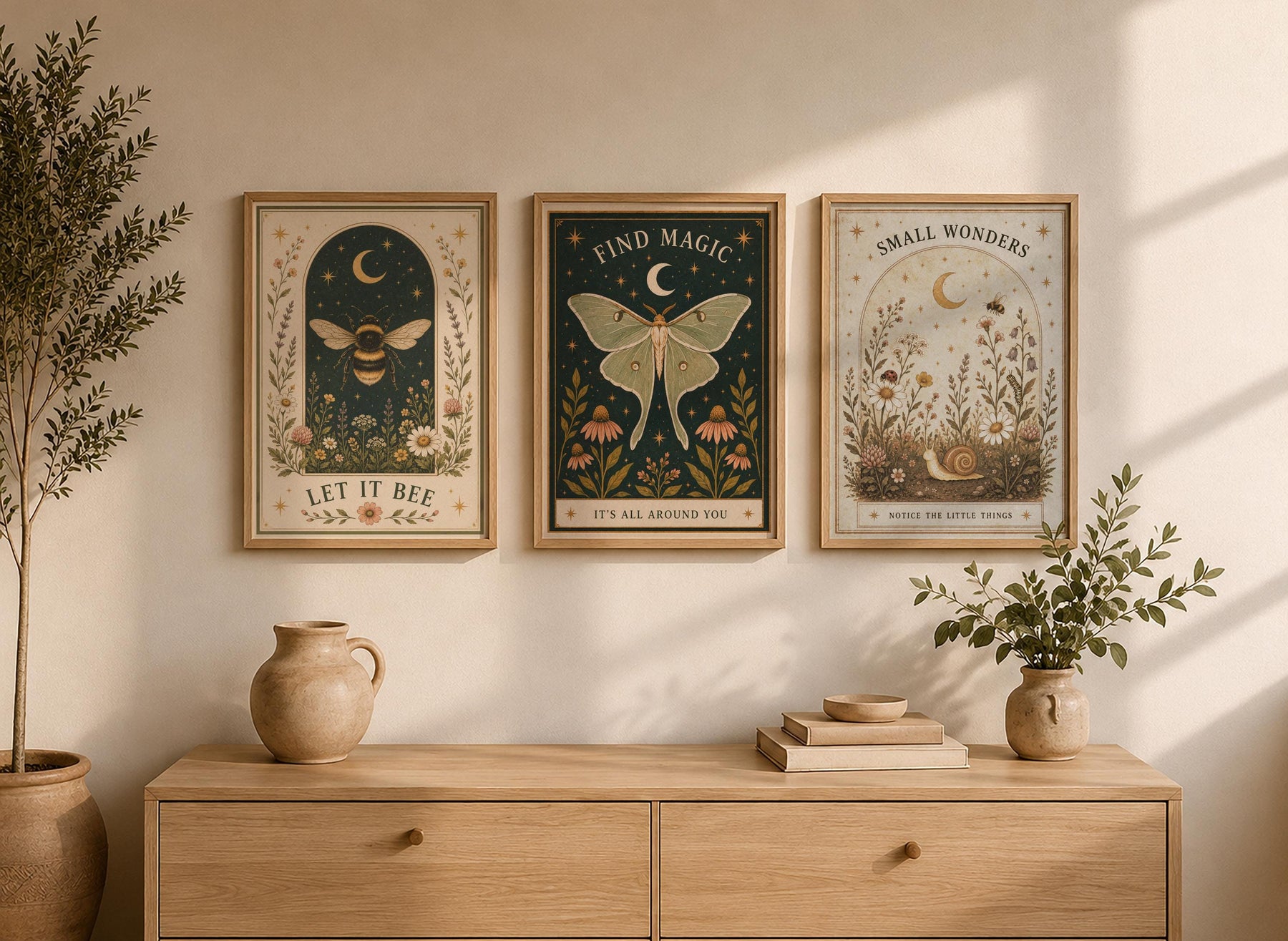 Bumblebee Folk Art Print | Celestial Moon, Wildflowers, Botanical Nature Decor | Framed or Unframed