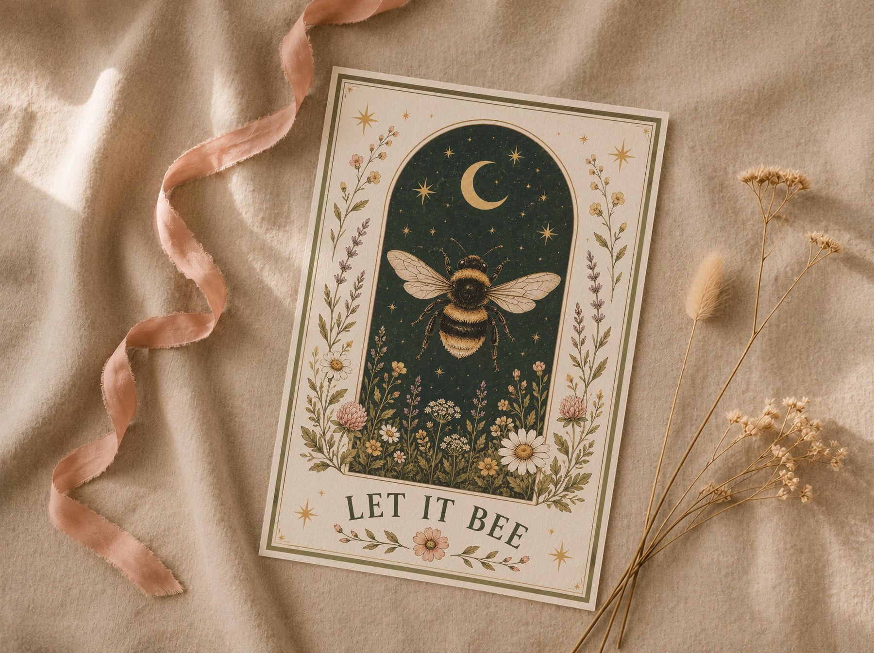 Bumblebee Folk Art Print | Celestial Moon, Wildflowers, Botanical Nature Decor | Framed or Unframed