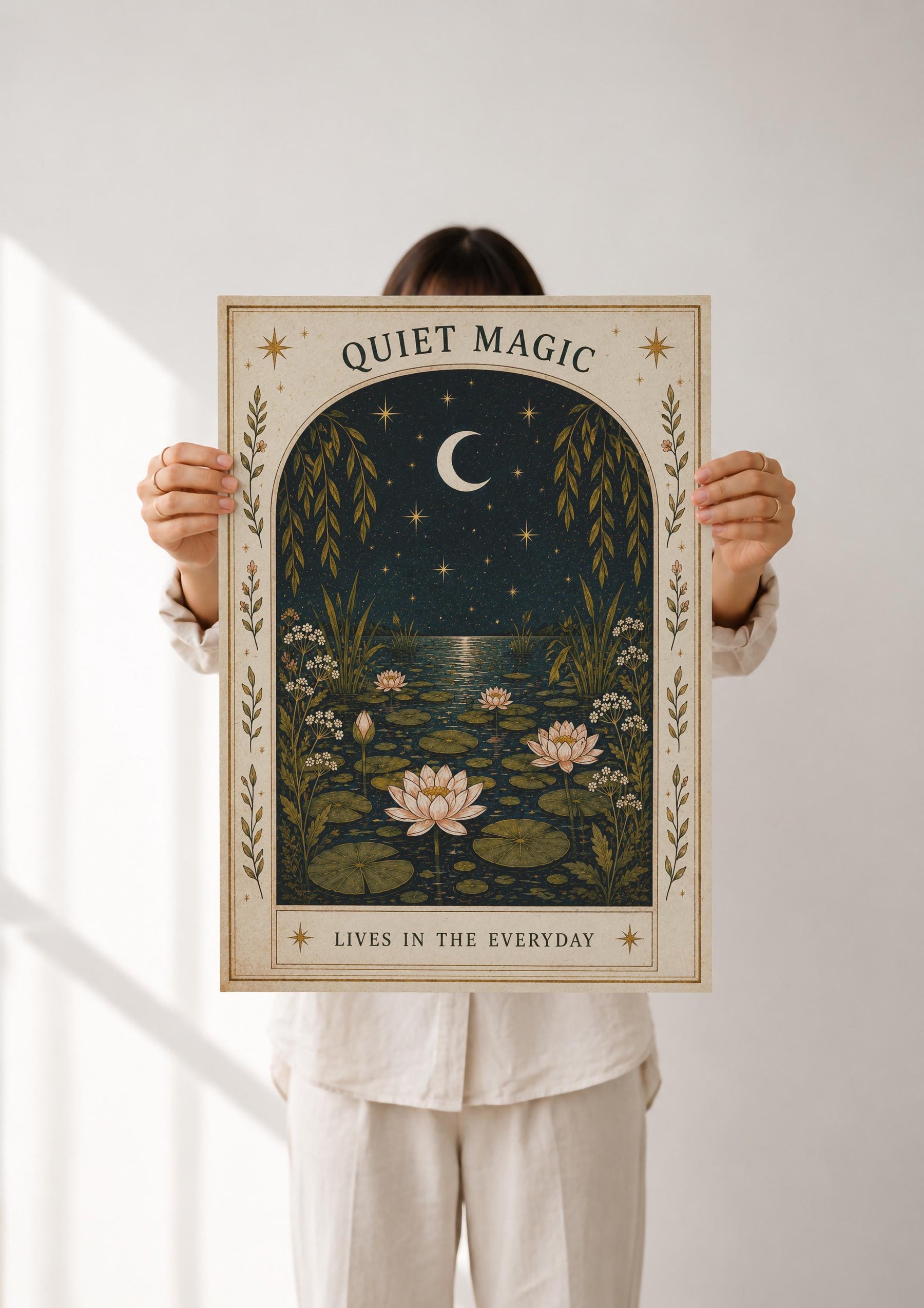 Quiet Magic Print | Celestial Nursery Wall Art, Botanical Folk Art Illustration, Framed or Unframed