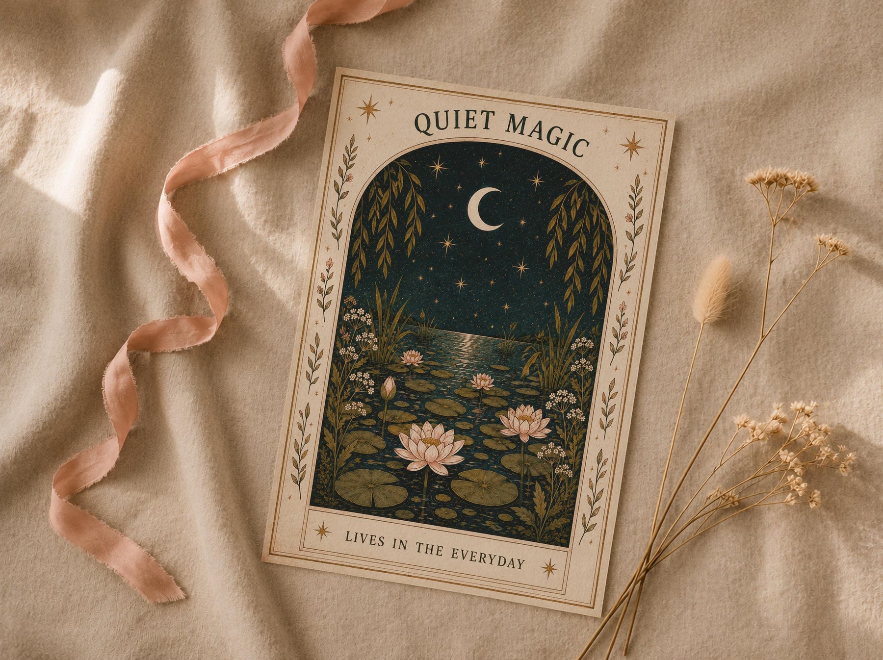 Quiet Magic Print | Celestial Nursery Wall Art, Botanical Folk Art Illustration, Framed or Unframed