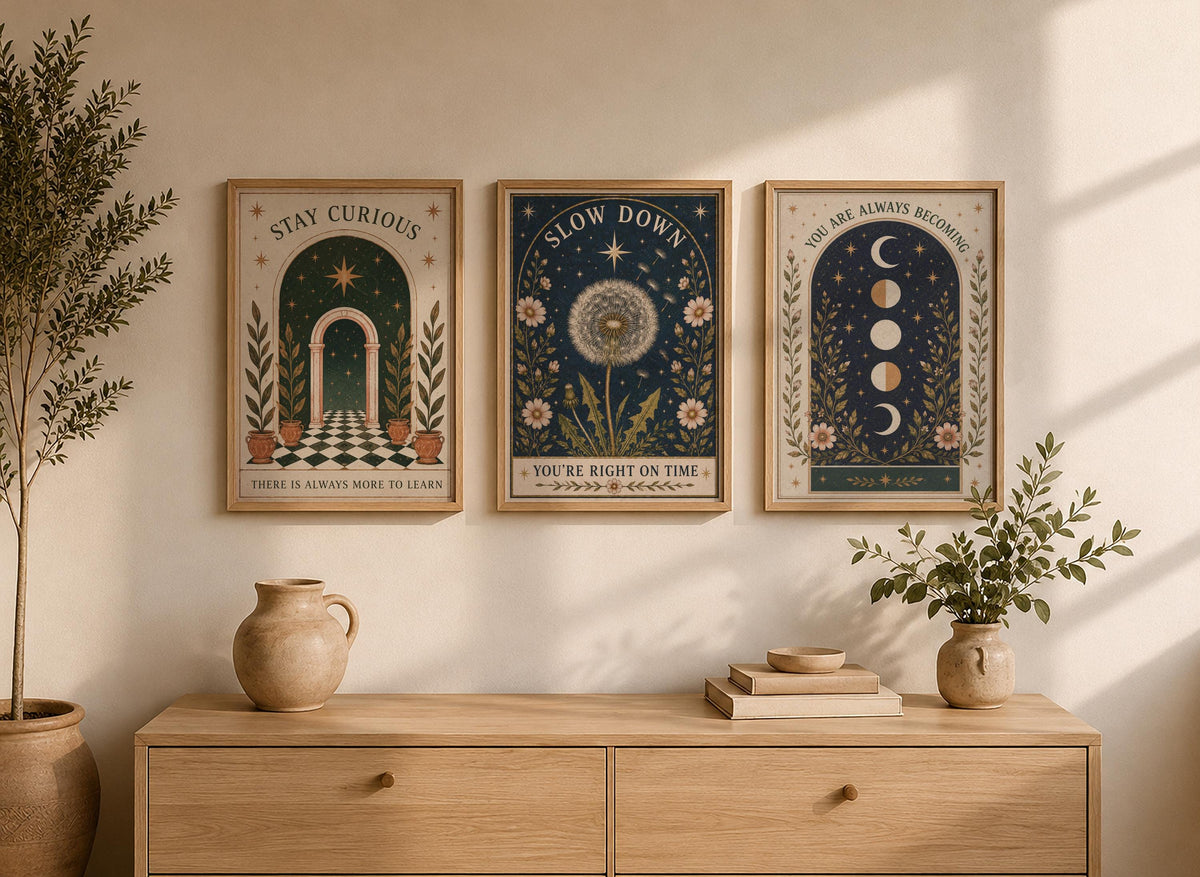 Celestial Dandelion Print | Positive Message Folk Art Wildflower Wall Art | Framed or Unframed