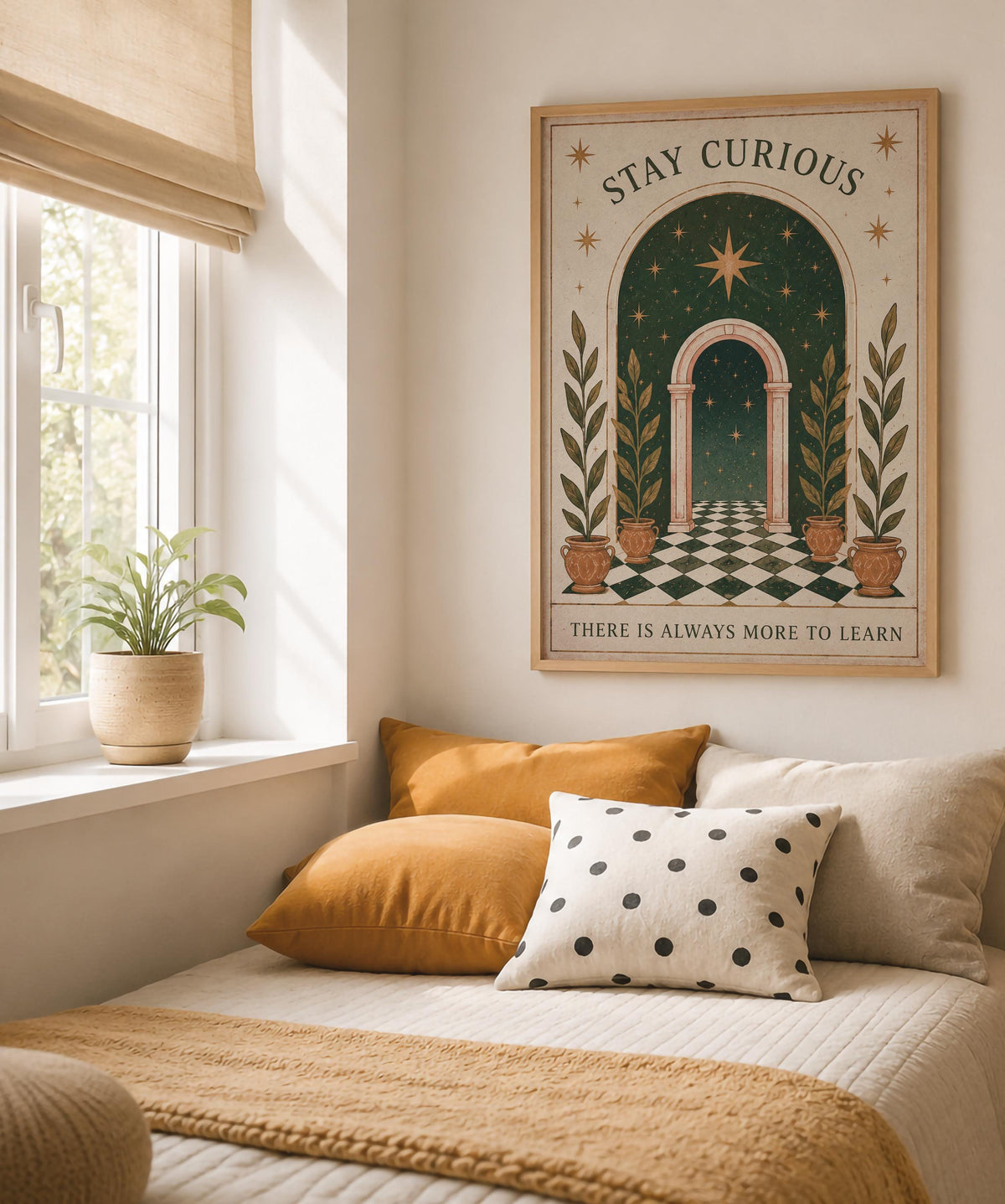 Stay Curious Print | Celestial Nursery Wall Art, Botanical Folk Art Illustration, Framed or Unframed