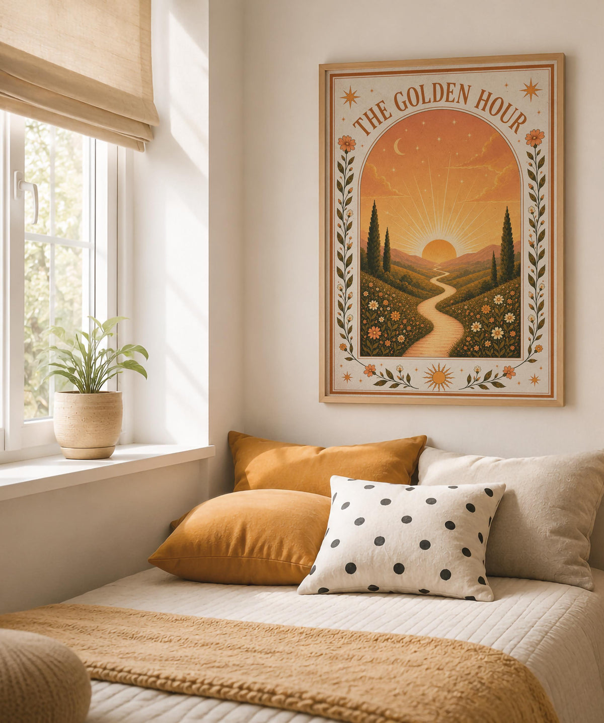 The Golden Hour Print | Sunset Nursery Wall Art, Folk Art Landscape Illustration, Framed or Unframed