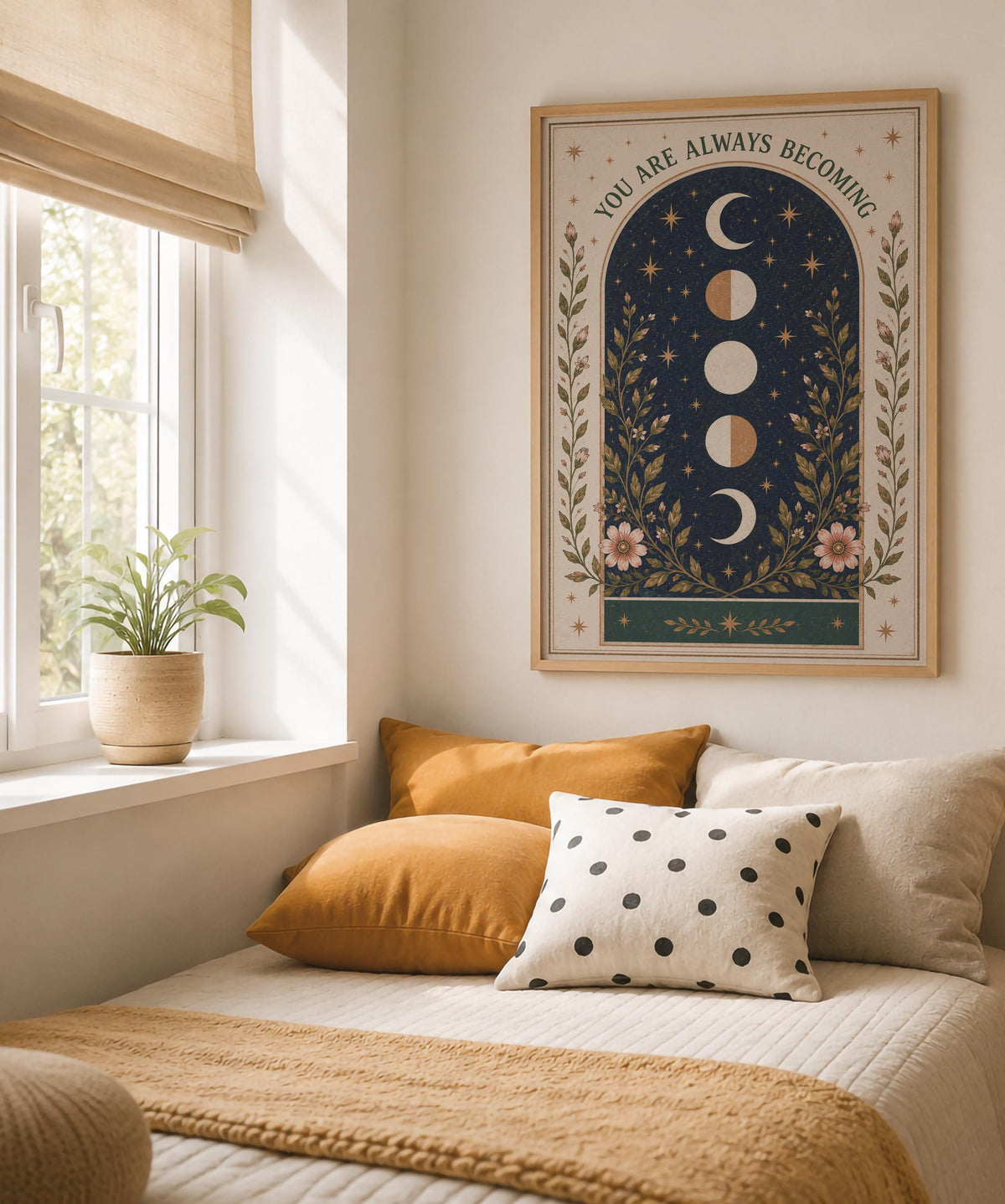 Celestial Moon Phase Print | Positive Message Folk Art Nursery Wall Art | Framed or Unframed