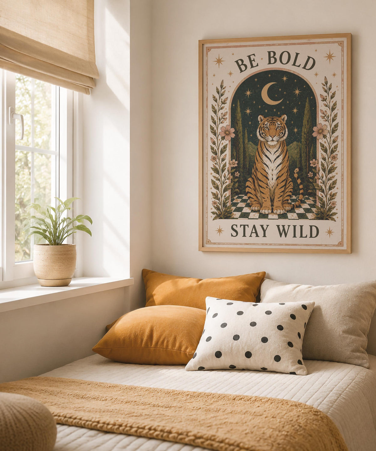 Tiger Folk Art Print | Inspirational Moonlit Landscape Wall Decor | Framed or Unframed