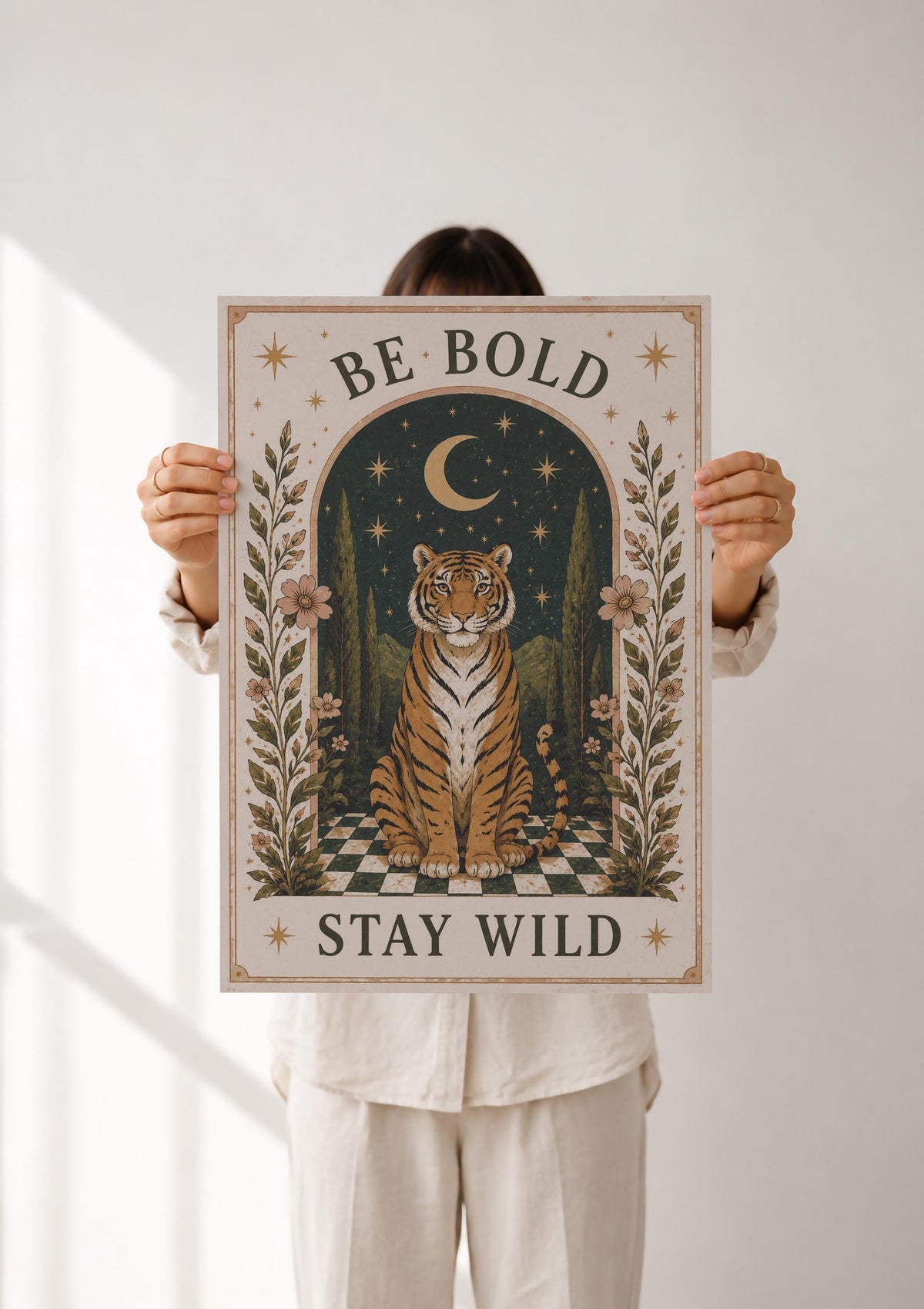 Tiger Folk Art Print | Inspirational Moonlit Landscape Wall Decor | Framed or Unframed