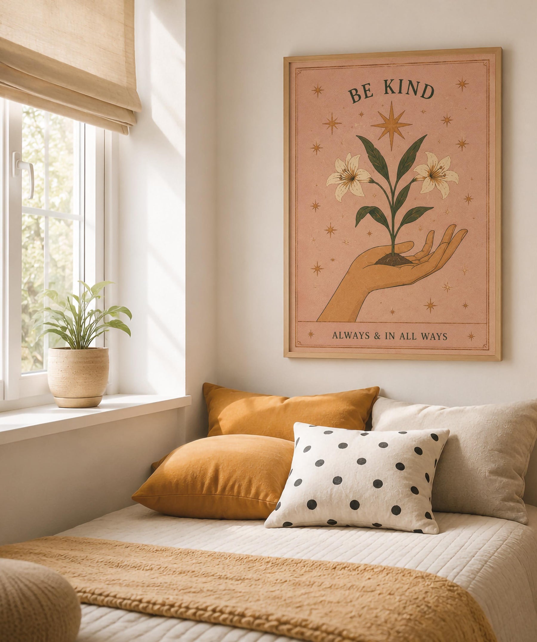 Be Kind Print | Inspirational Hand-Painted Floral Artwork, Celestial Folk Art | Framed or Unframed