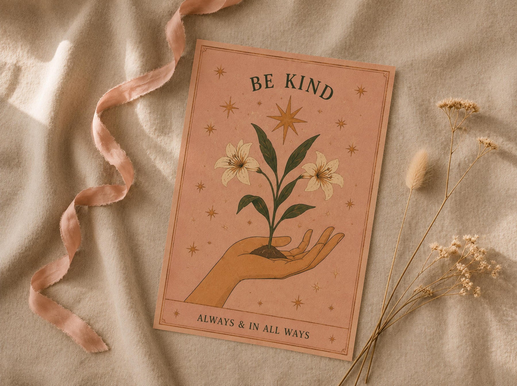Be Kind Print | Inspirational Hand-Painted Floral Artwork, Celestial Folk Art | Framed or Unframed
