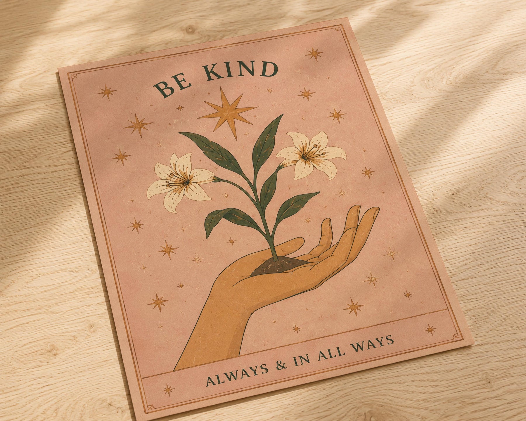 Be Kind Print | Inspirational Hand-Painted Floral Artwork, Celestial Folk Art | Framed or Unframed