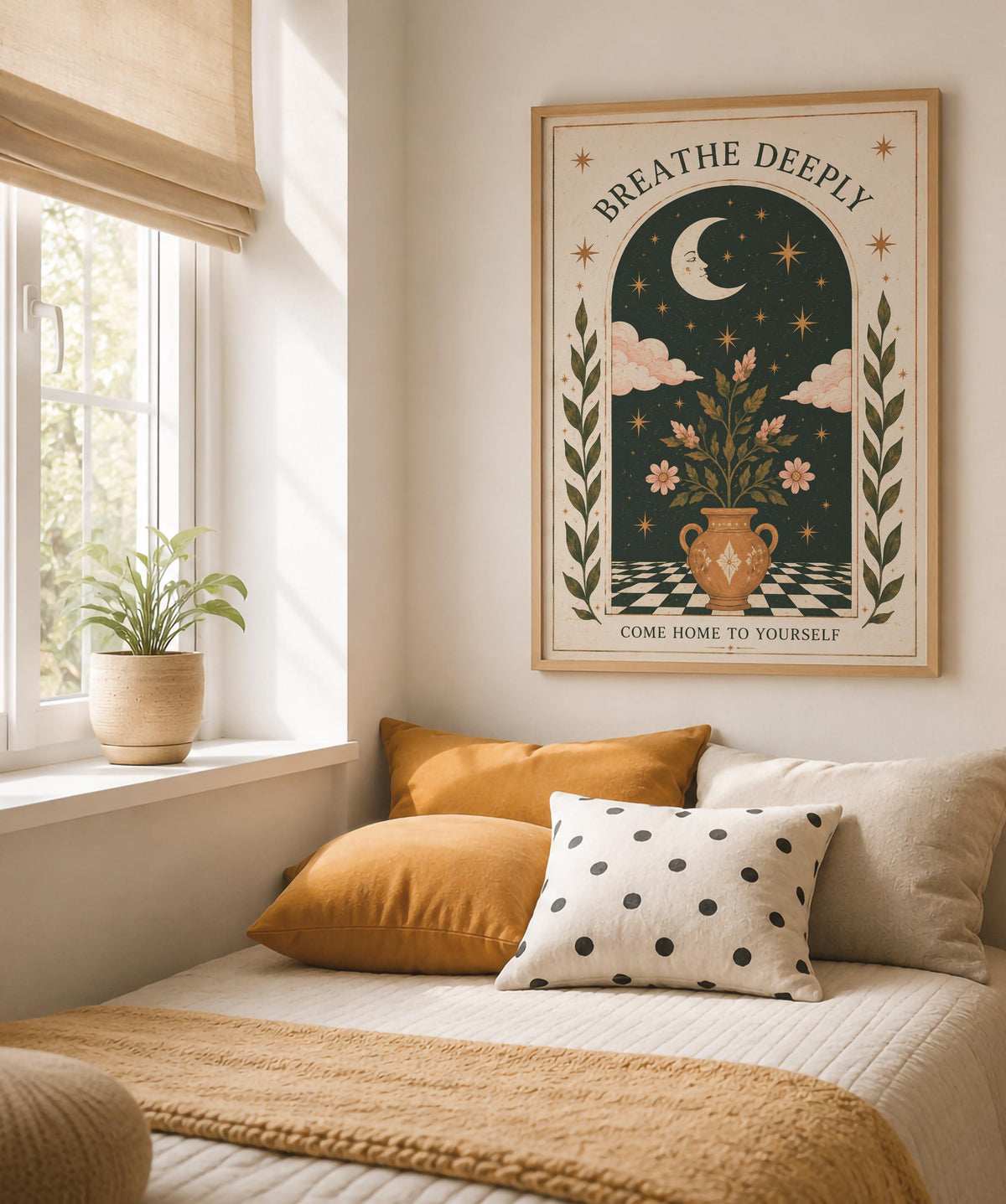 Breathe Deeply Print | Celestial Folk Art, Inspirational Moon Wall Art, Framed or Unframed