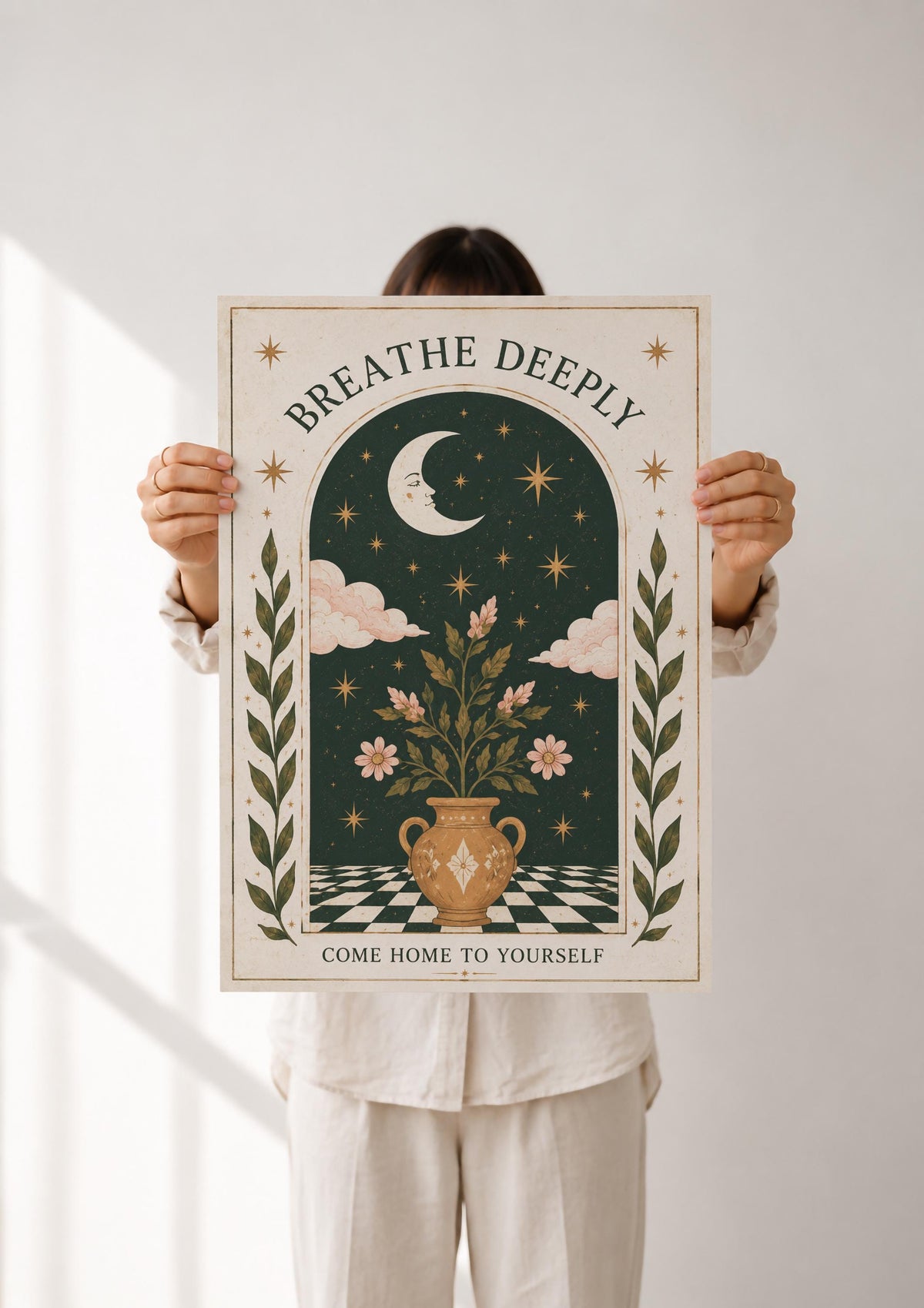 Breathe Deeply Print | Celestial Folk Art, Inspirational Moon Wall Art, Framed or Unframed