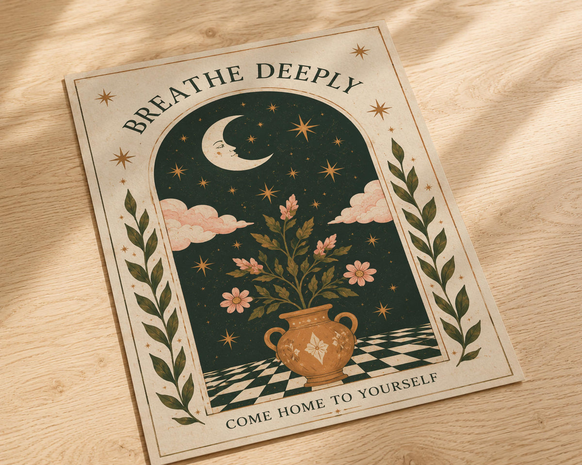 Breathe Deeply Print | Celestial Folk Art, Inspirational Moon Wall Art, Framed or Unframed