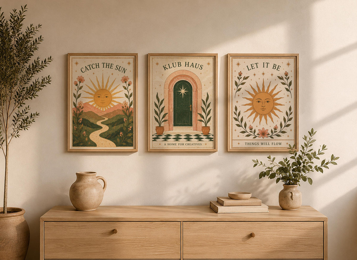 Catch The Sun Print | Inspirational Celestial Nursery Wall Art, Folk Landscape Illustration, Framed or Unframed