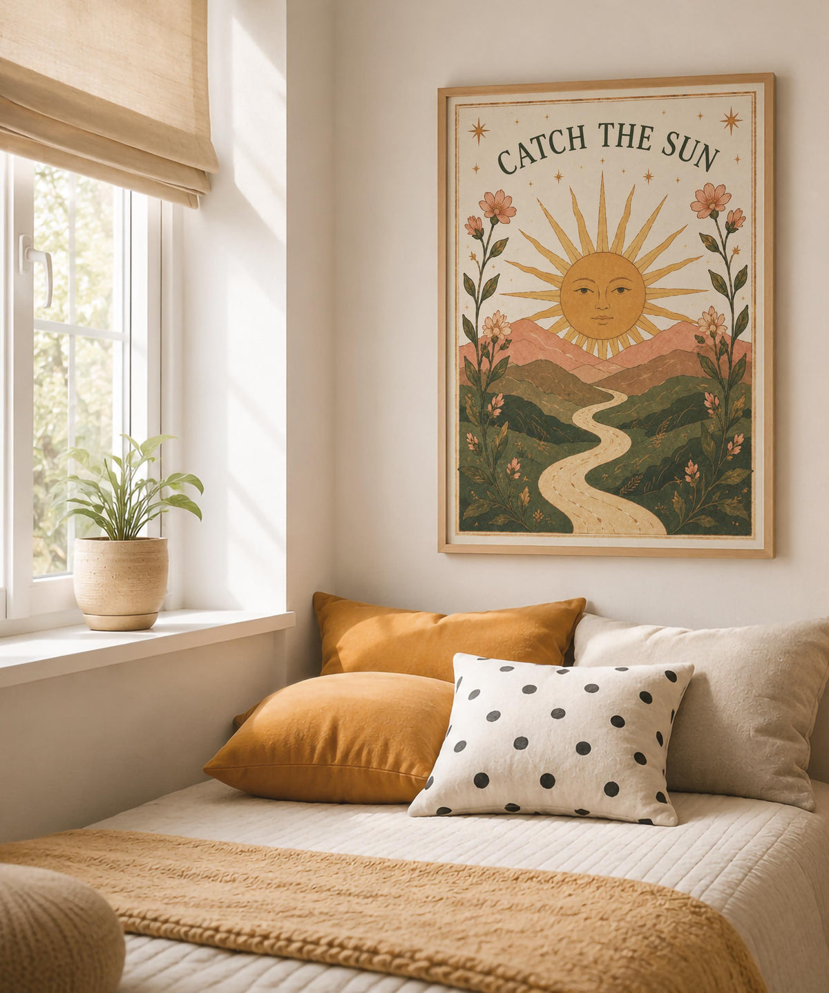Catch The Sun Print | Inspirational Celestial Nursery Wall Art, Folk Landscape Illustration, Framed or Unframed