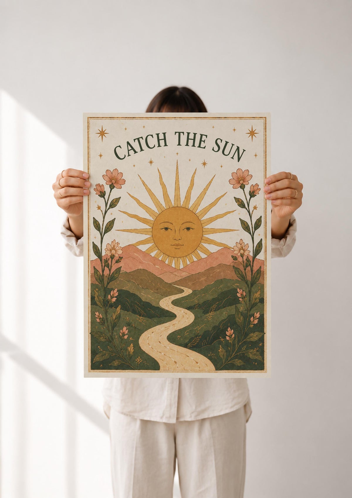 Catch The Sun Print | Inspirational Celestial Nursery Wall Art, Folk Landscape Illustration, Framed or Unframed